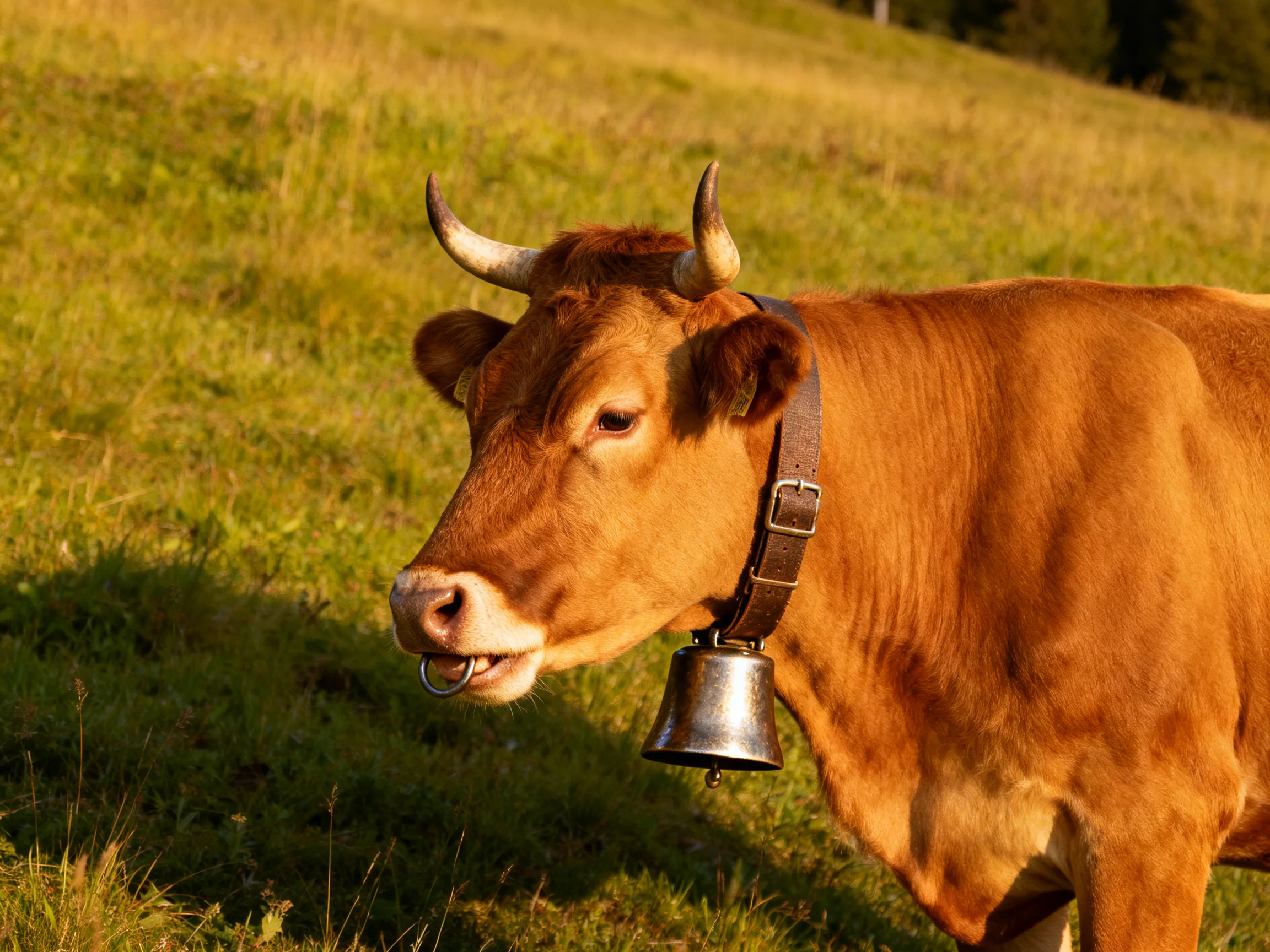 A brown cow with curved horns wears a collar and bell on a grassy hillside