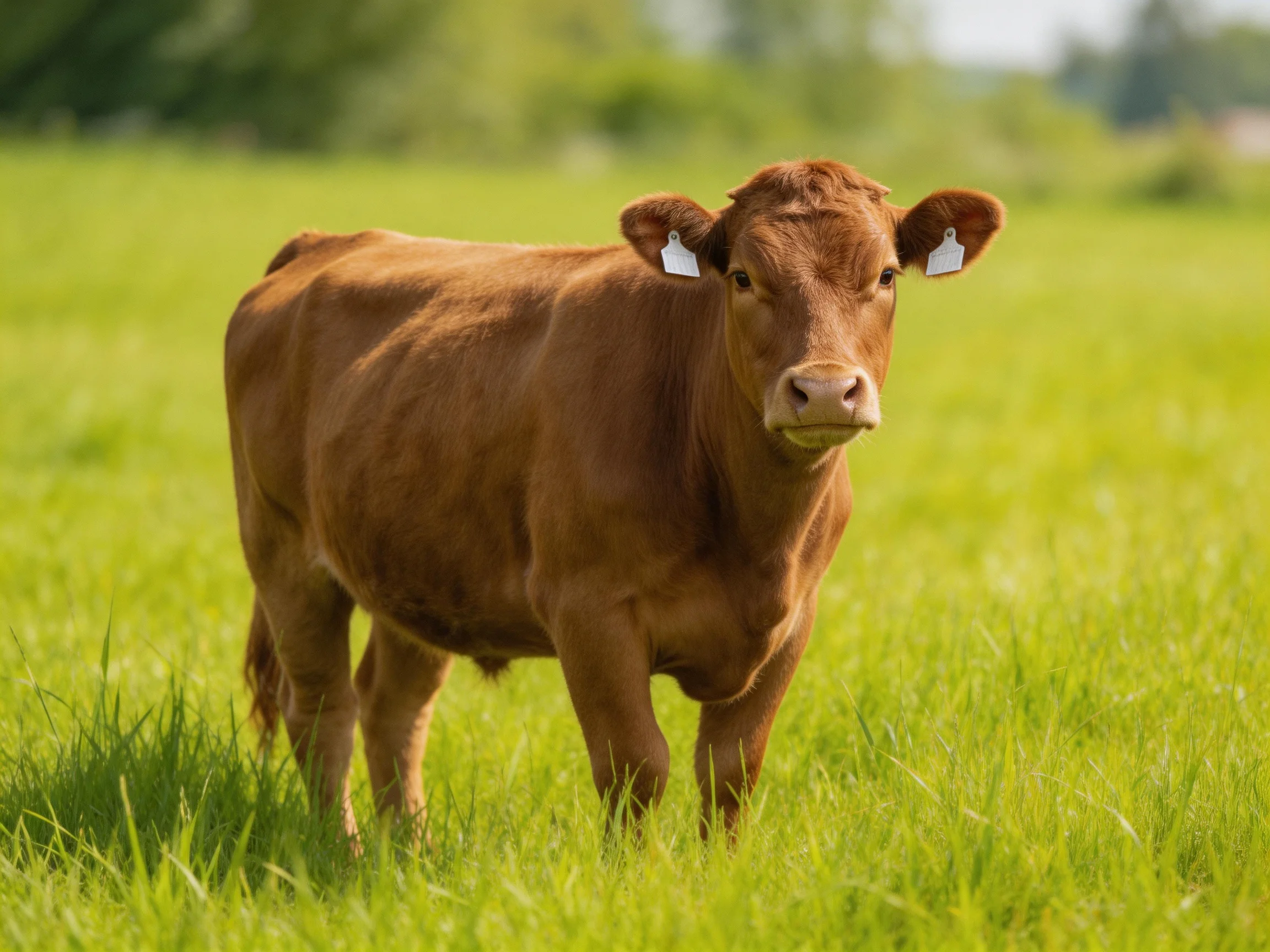 A brown cow with ear tags in a lush green pasture