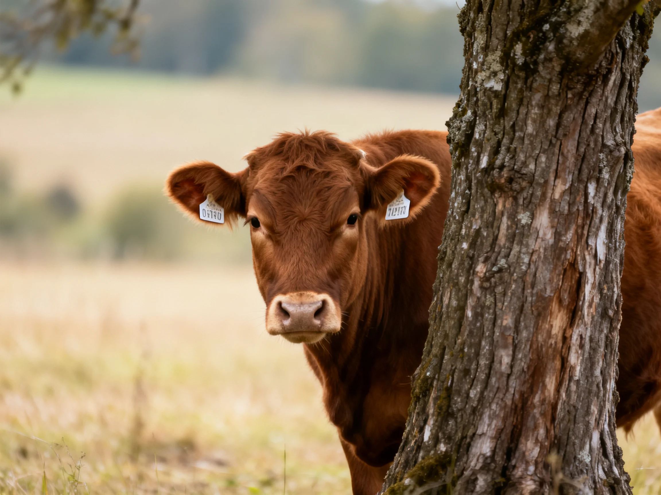 A brown cow with ear tags stands beside a large tree trunk
