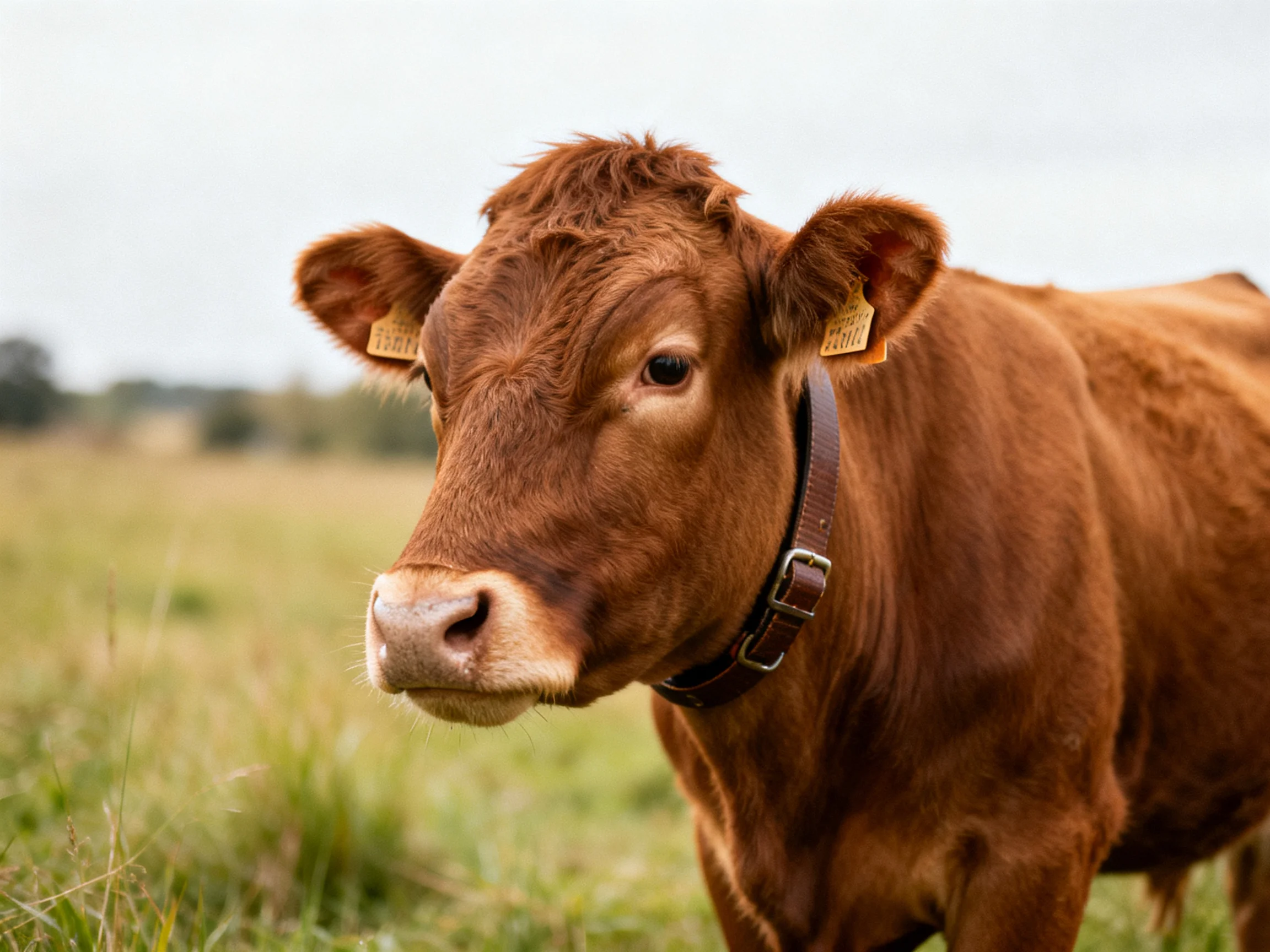 A brown cow with ear tags stands in a green pasture field