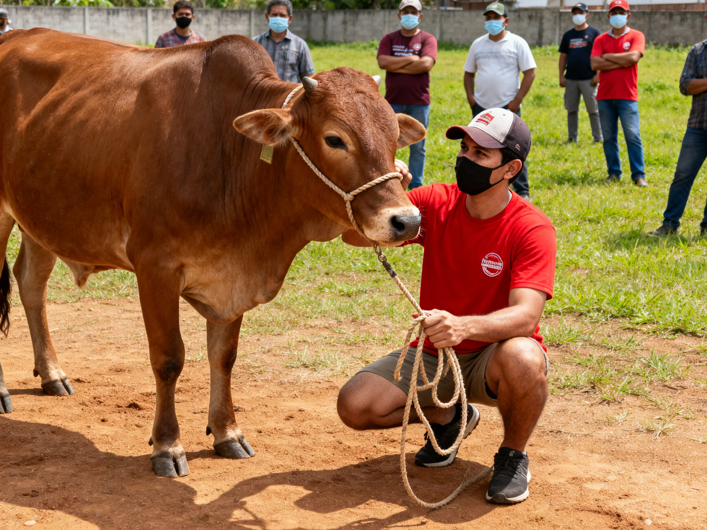 A brown cow with handler in red shirt and onlookers