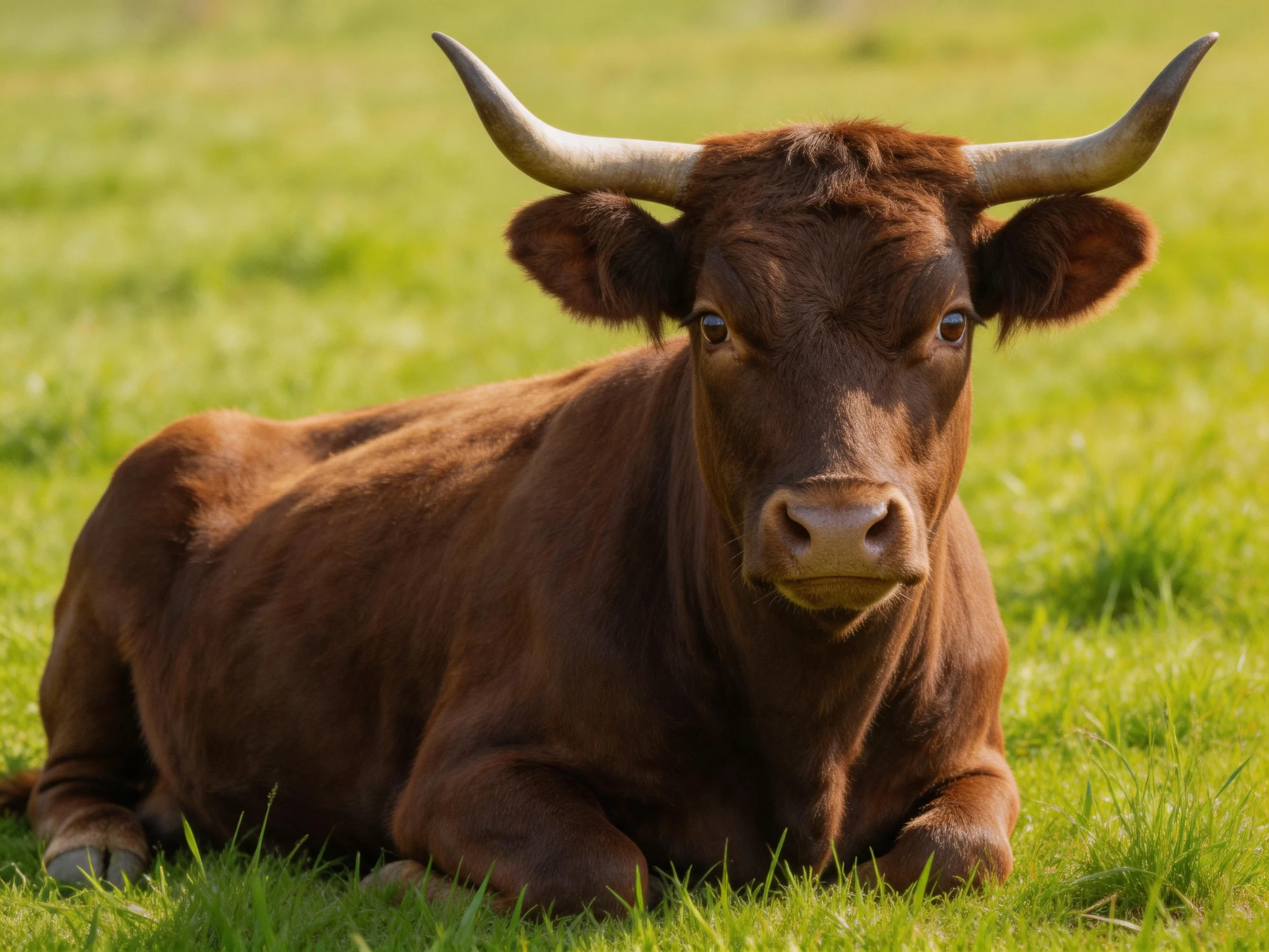 A brown cow with large curved horns rests on lush green grass