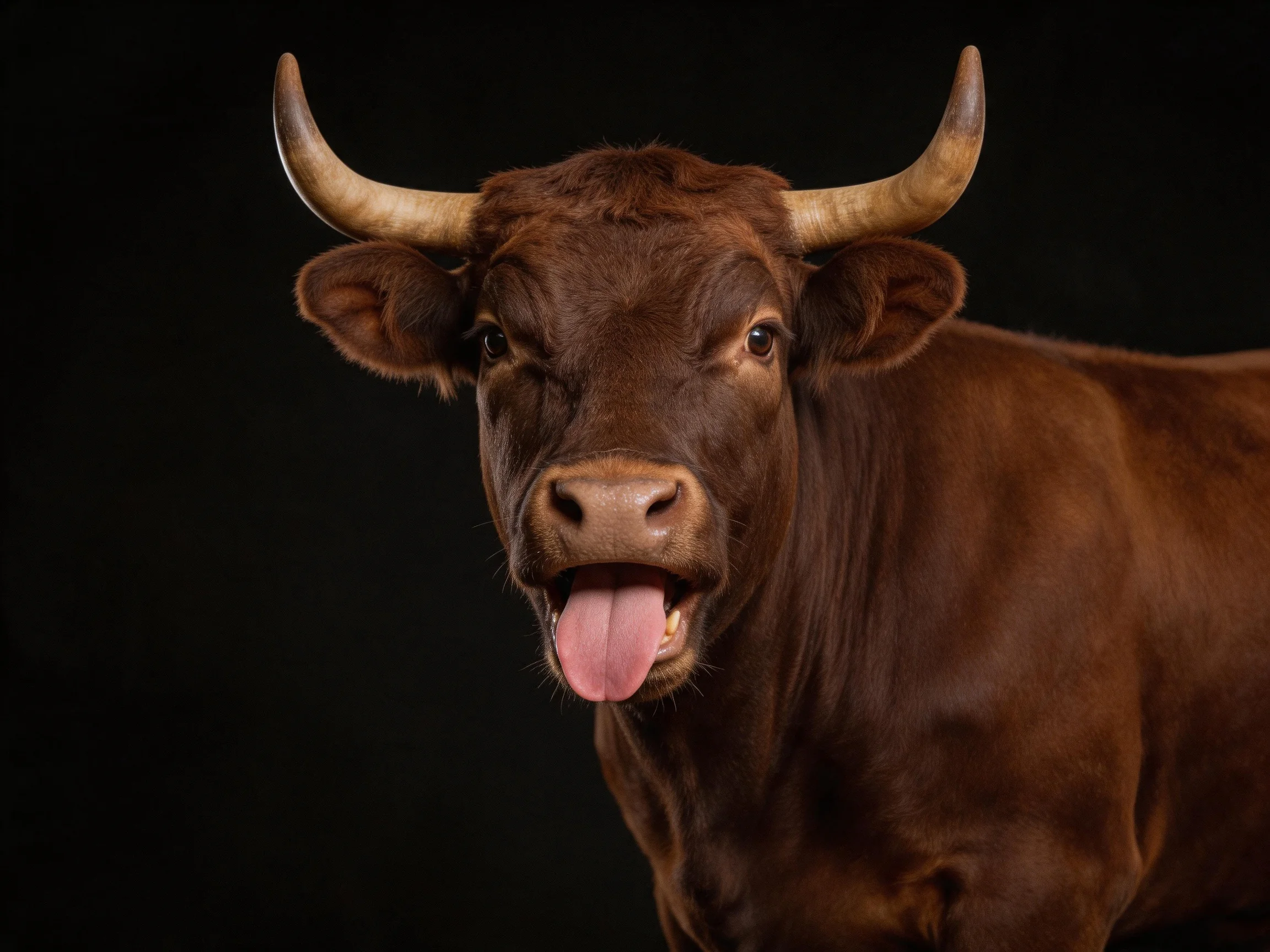 A brown cow with large curved horns sticks out its tongue against a black backdrop