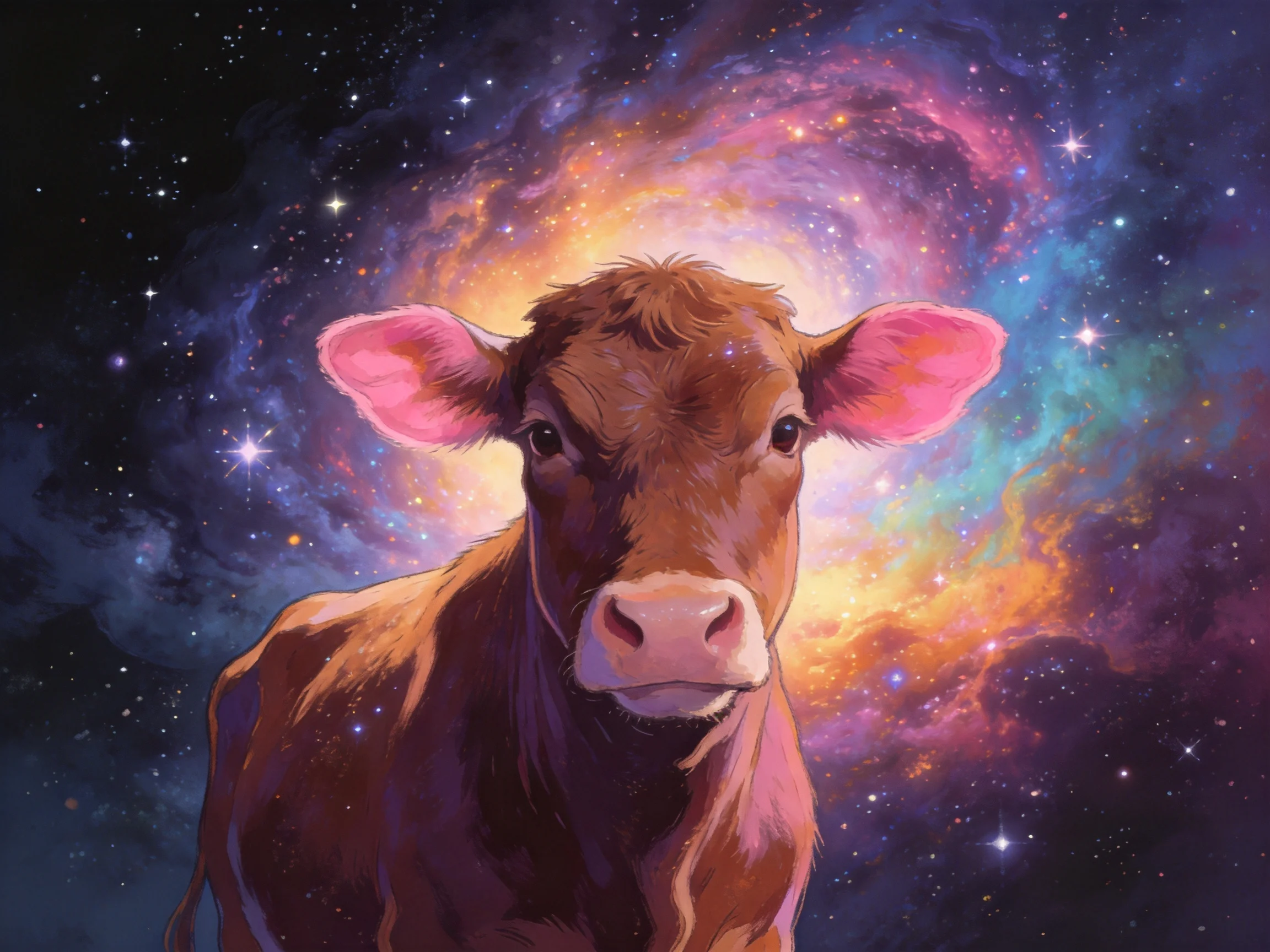 A brown cow with pink ears in front of a colorful cosmic nebula