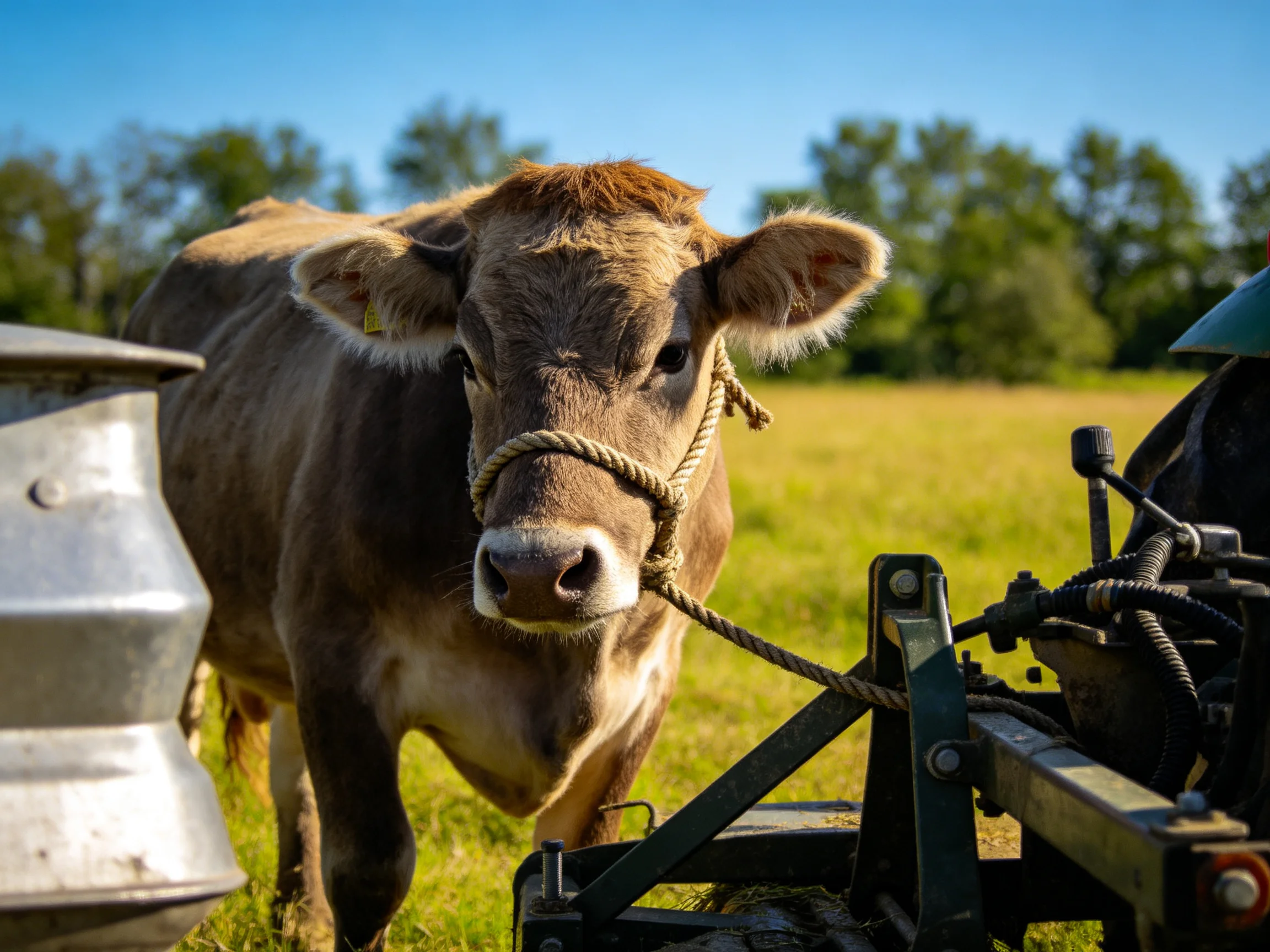 A brown cow with rope halter near farm equipment in a sunny field
