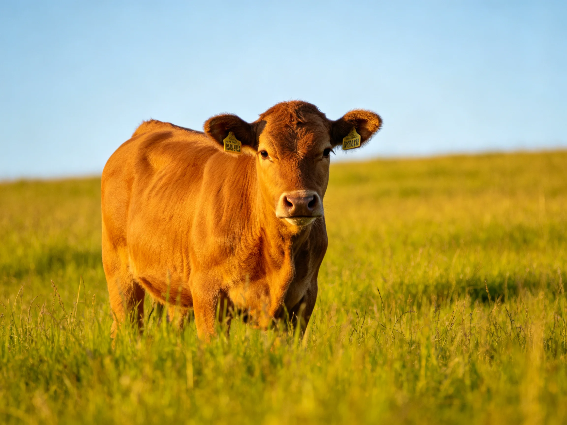 A brown cow with yellow ear tags stands in a sunlit green field