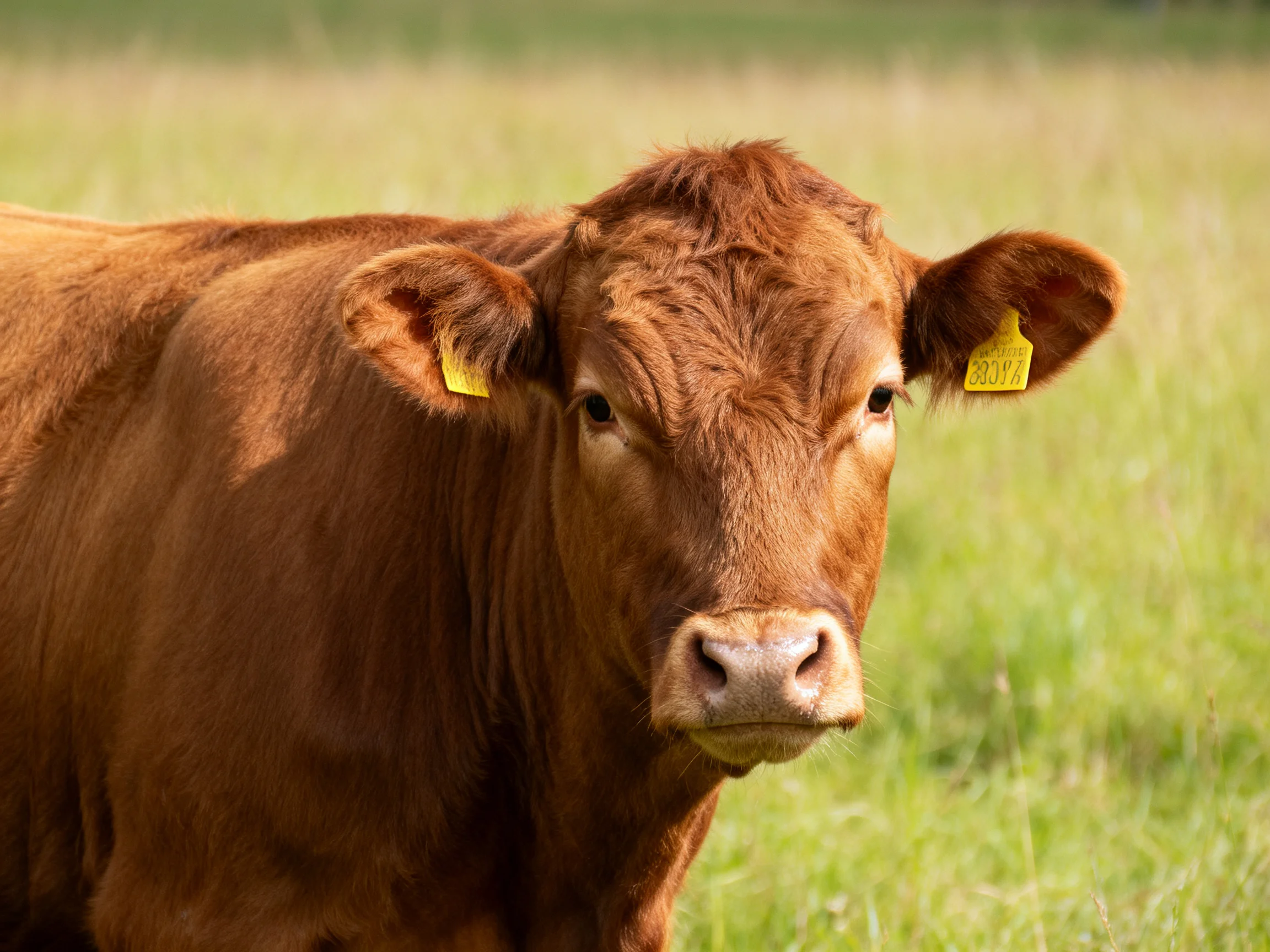 A brown cow with yellow ear tags stands in a sunlit green pasture
