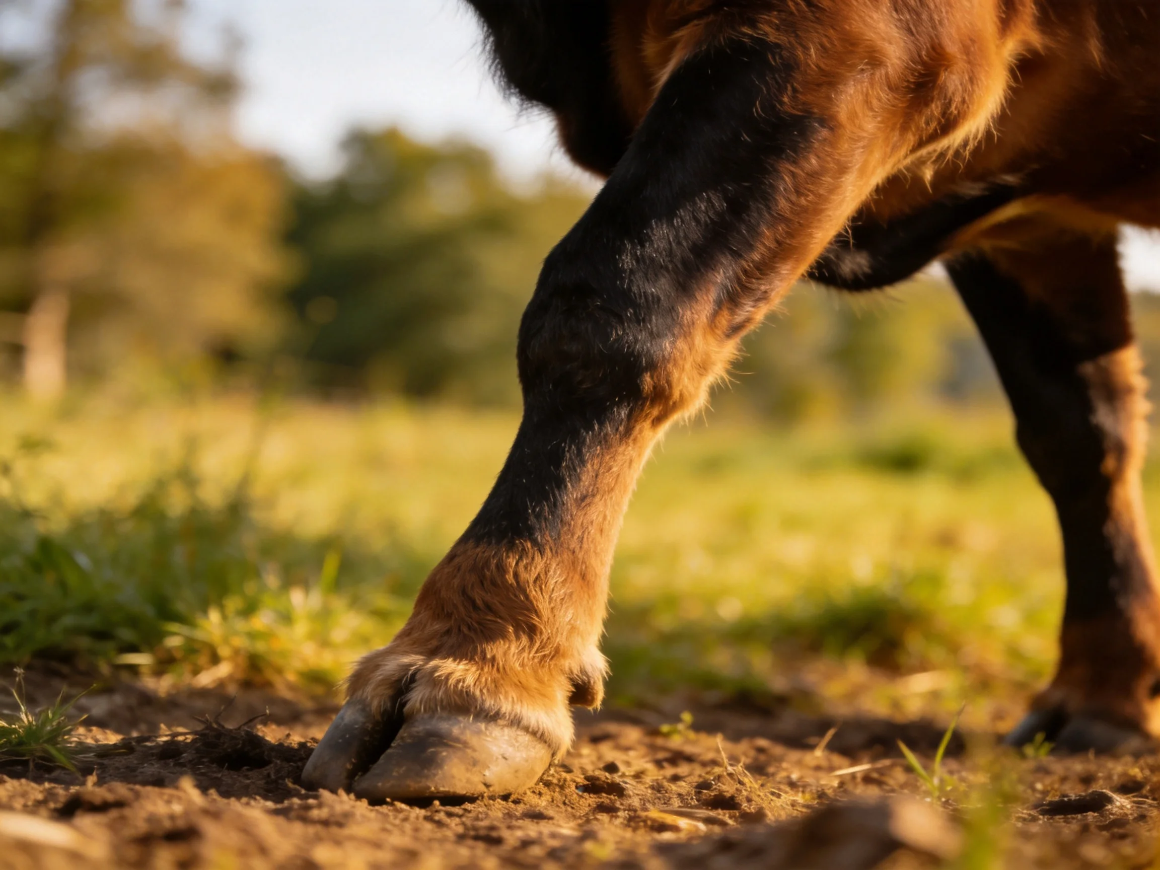 A brown cow’s hoof stepping on earthy ground in a sunlit field