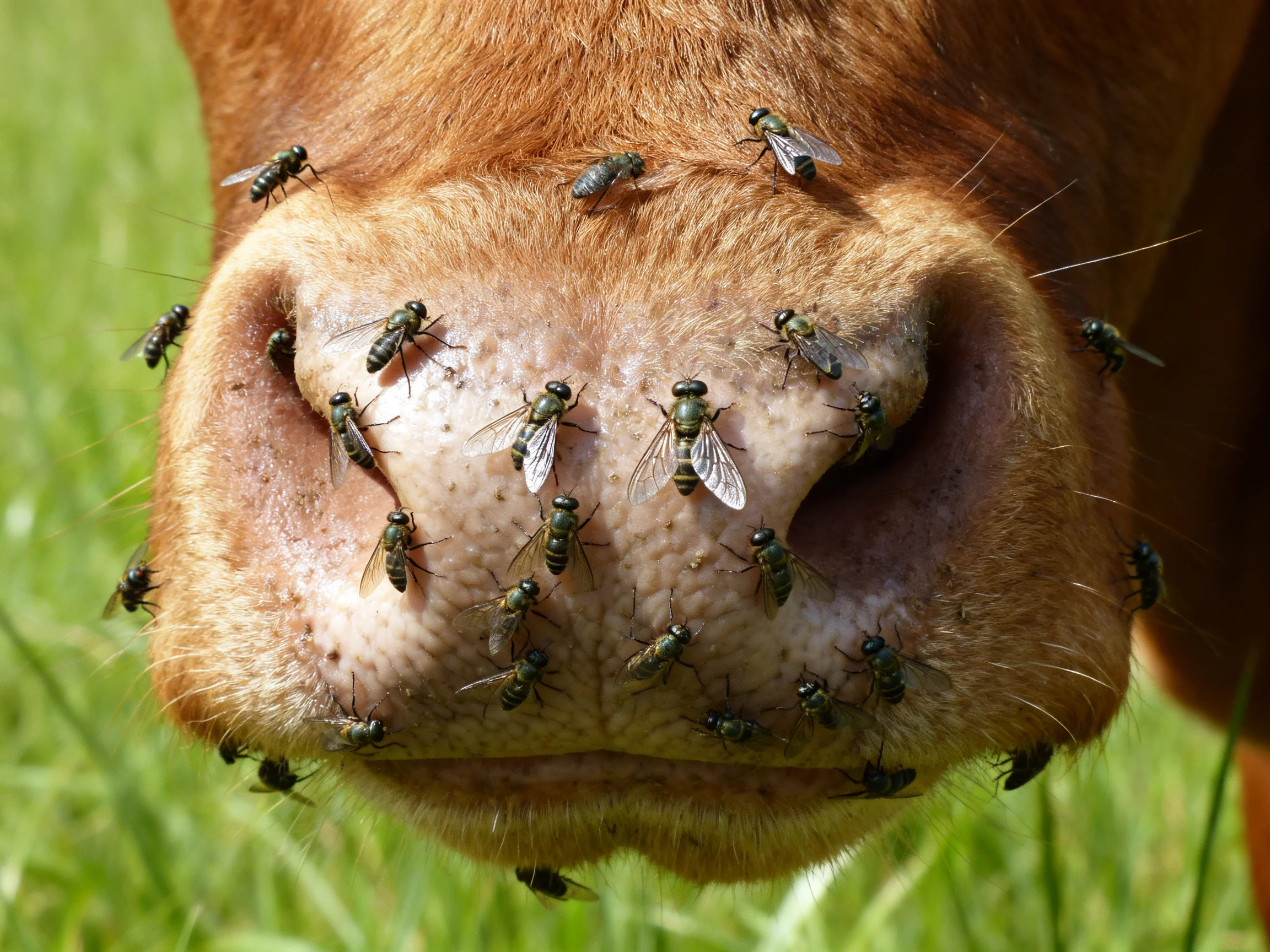 A brown cows nose covered with numerous black flies in a green field