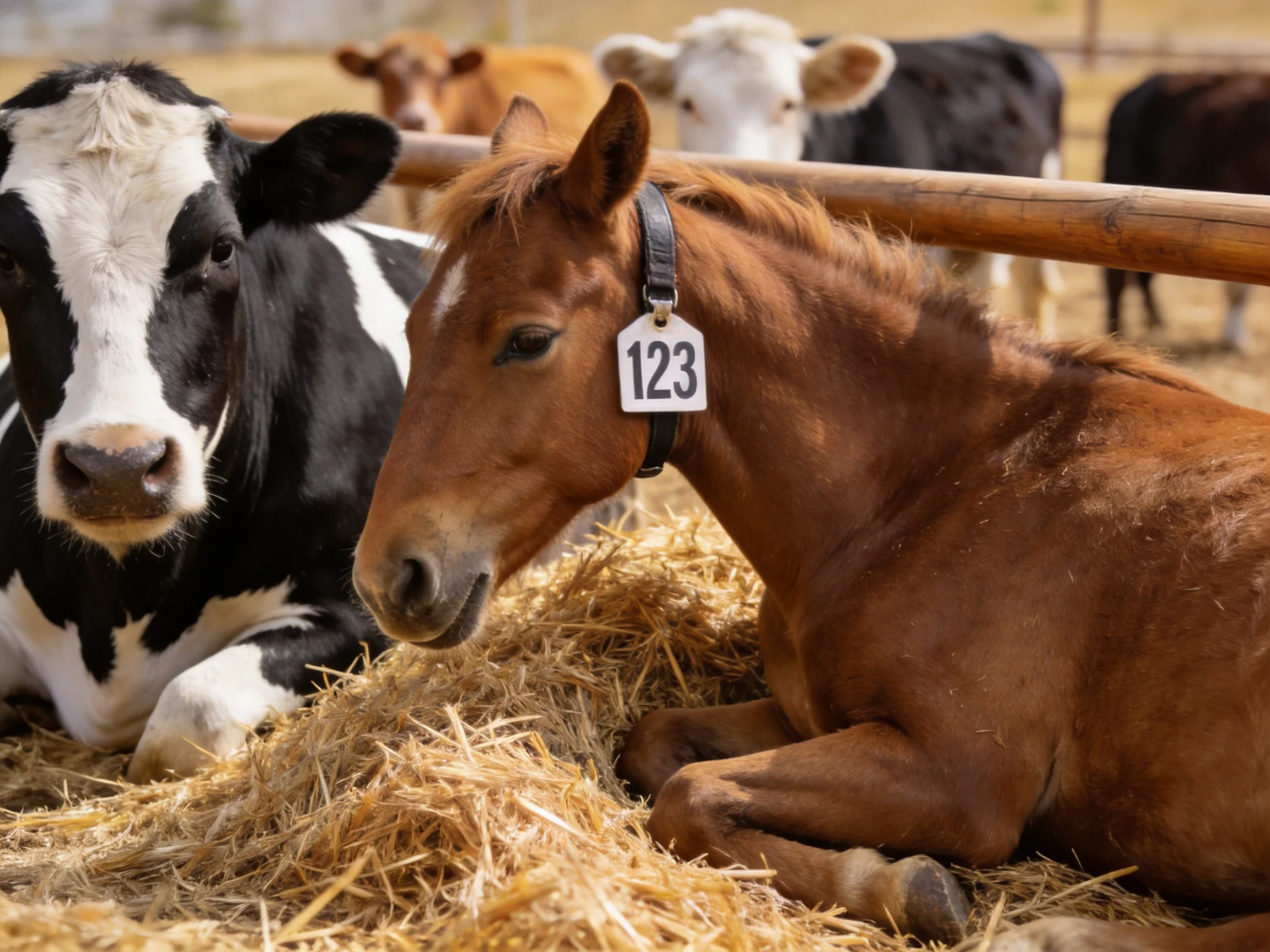 A brown foal rests near a black-and-white cow among farm animals