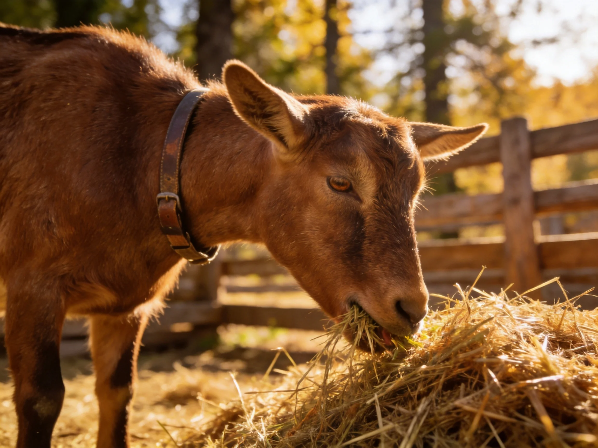 A brown goat munches hay near a wooden fence with autumn trees