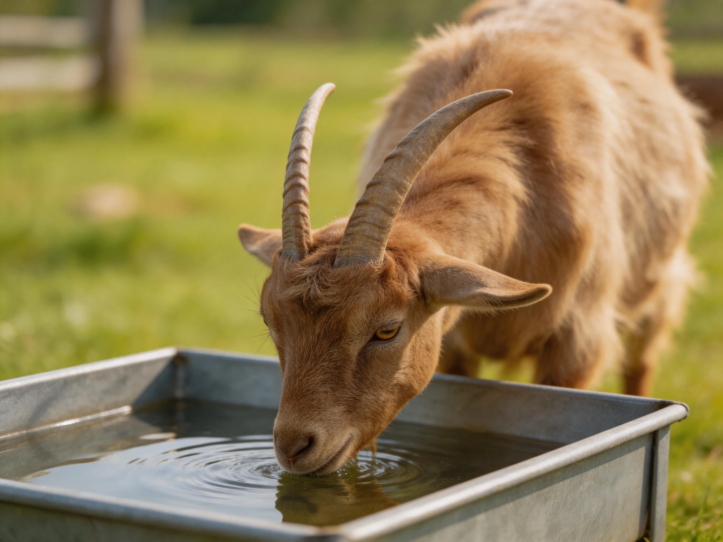 A brown goat with curved horns drinks from a metal trough in a green field
