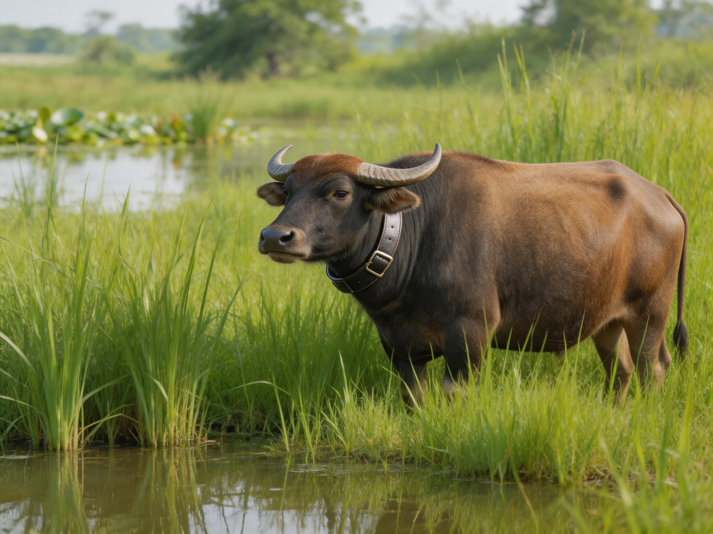 A brown horned buffalo in lush green marshland near water