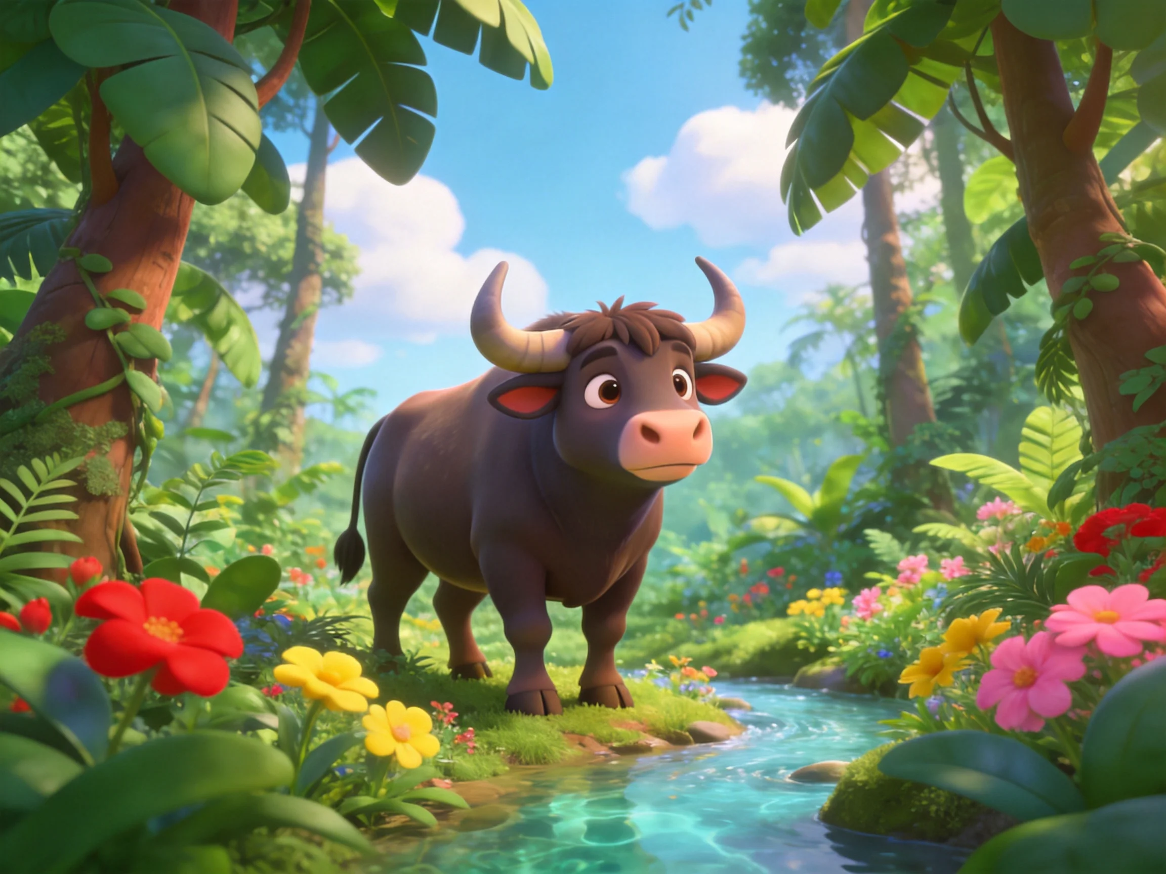 A brown horned bull amid vibrant flowers and a clear stream