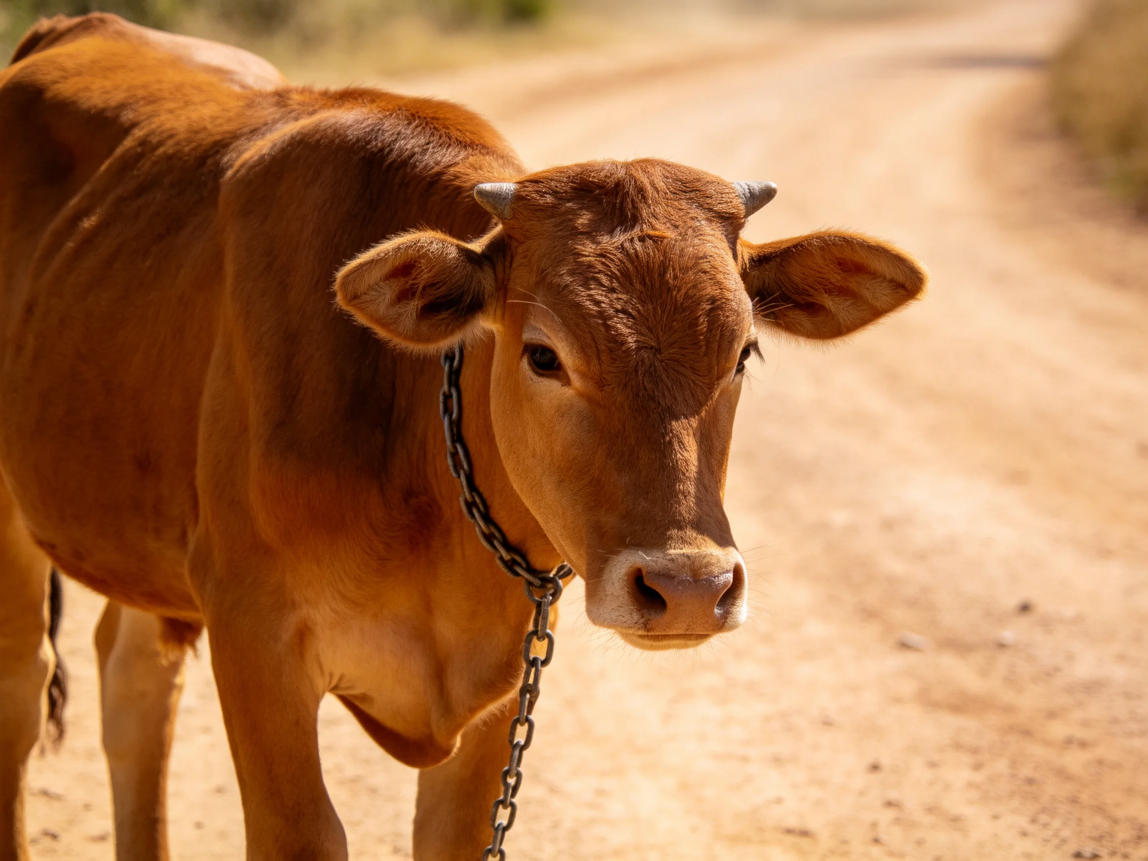 A brown horned calf with a metal chain on a dusty country road