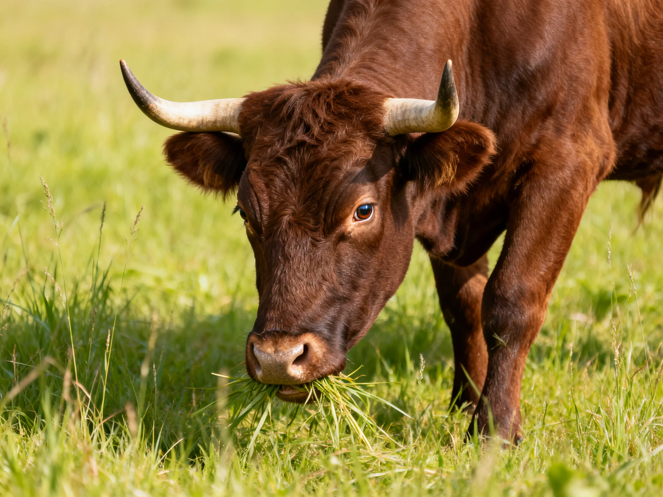 A brown horned cow grazing in a lush green meadow
