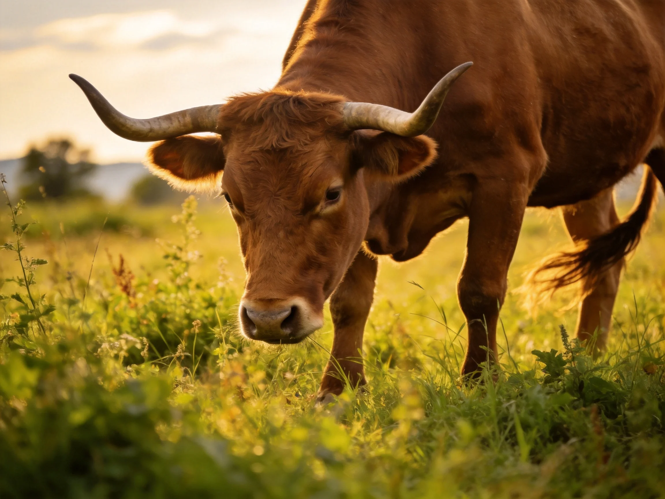 A brown horned cow grazing in a sunlit meadow