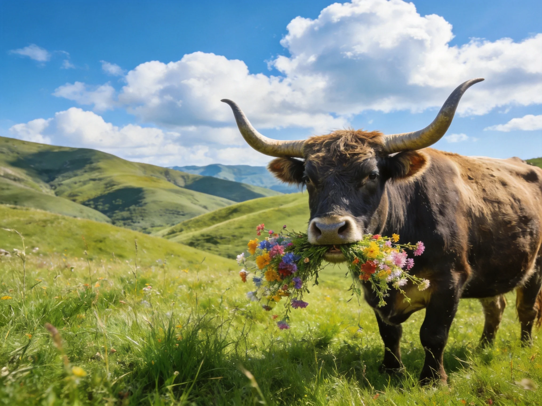 A brown horned cow holds colorful wildflowers in a lush green meadow