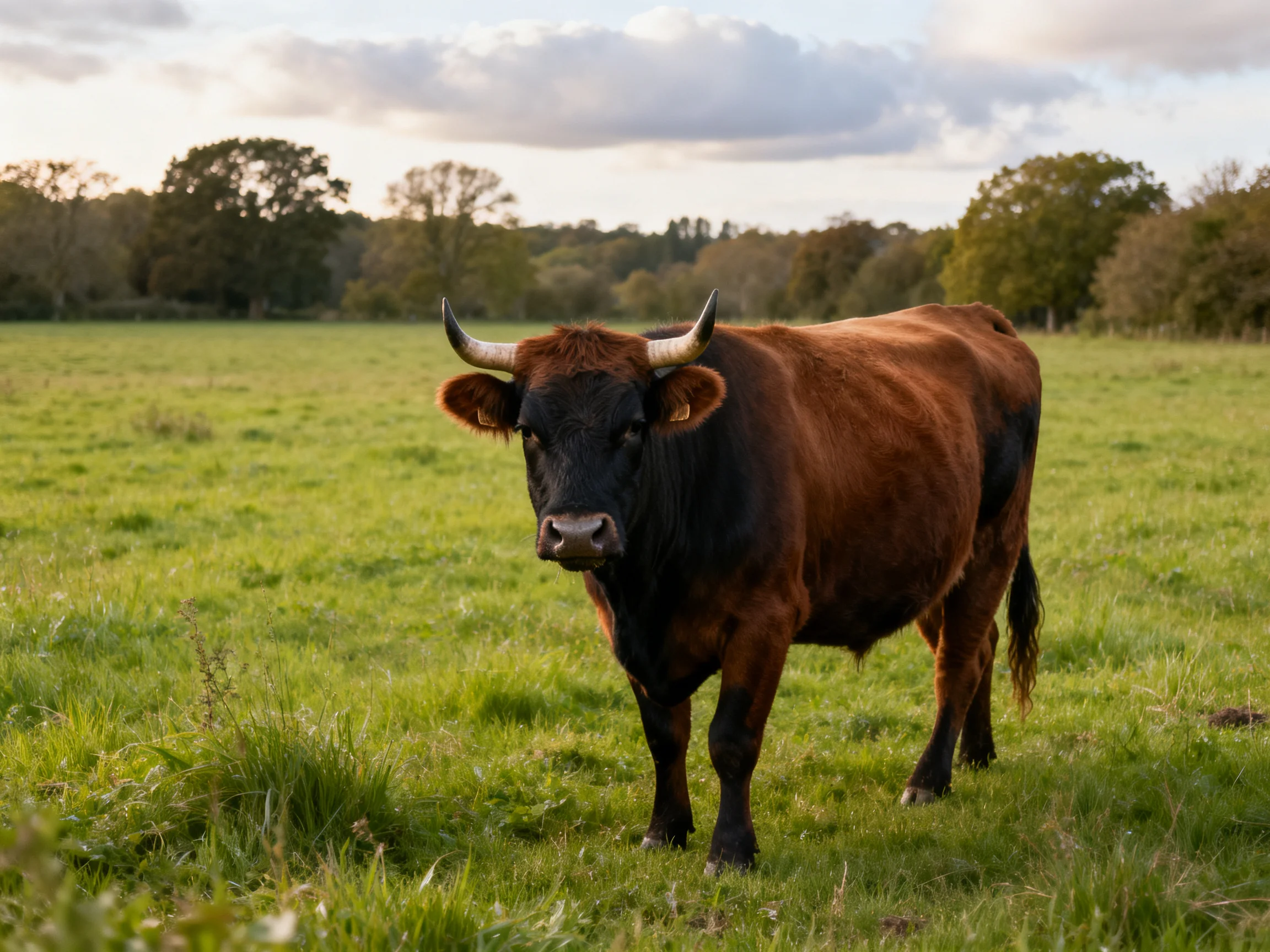A brown horned cow in a lush green pasture
