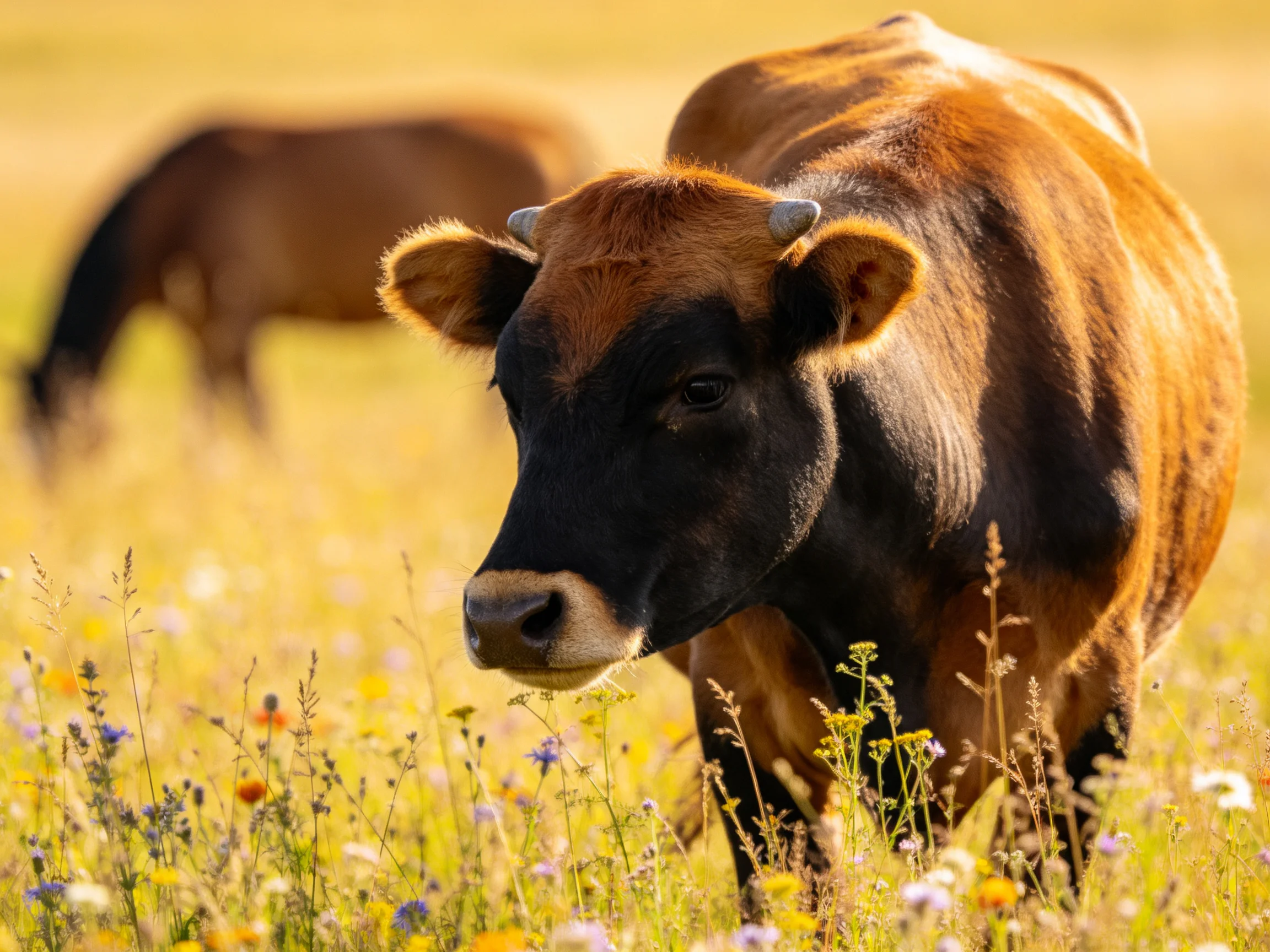 A brown horned cow in a sun-drenched wildflower meadow with a distant animal