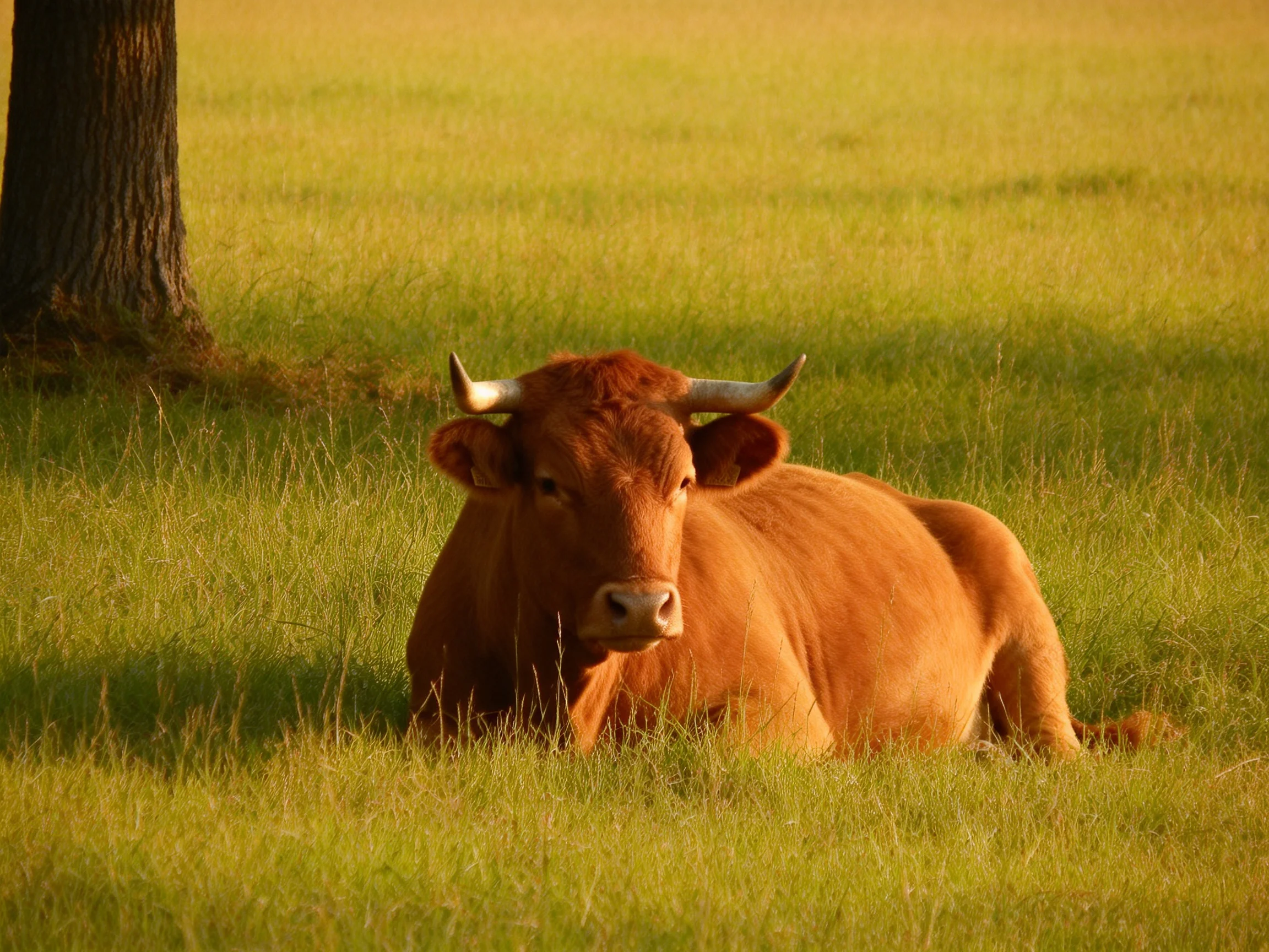 A brown horned cow resting in tall green grass beside a tree trunk