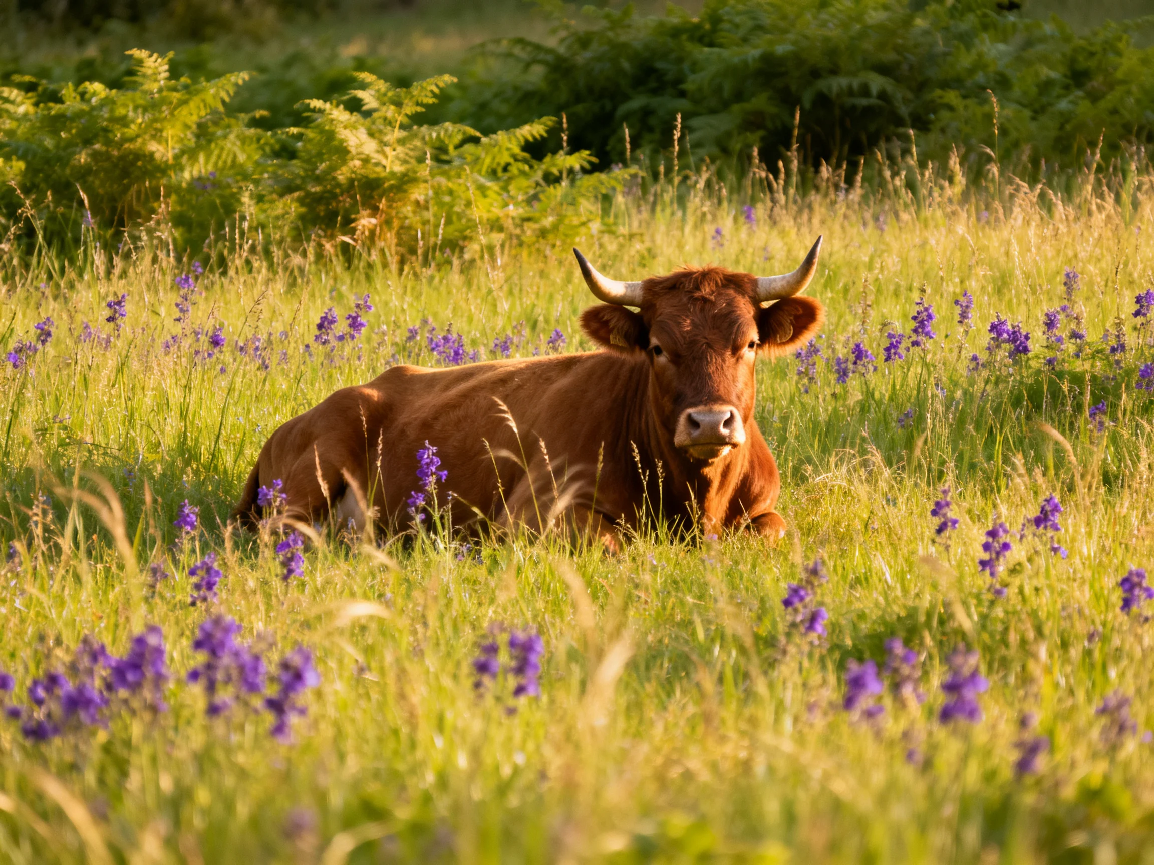 A brown horned cow rests amid tall grass and purple wildflowers