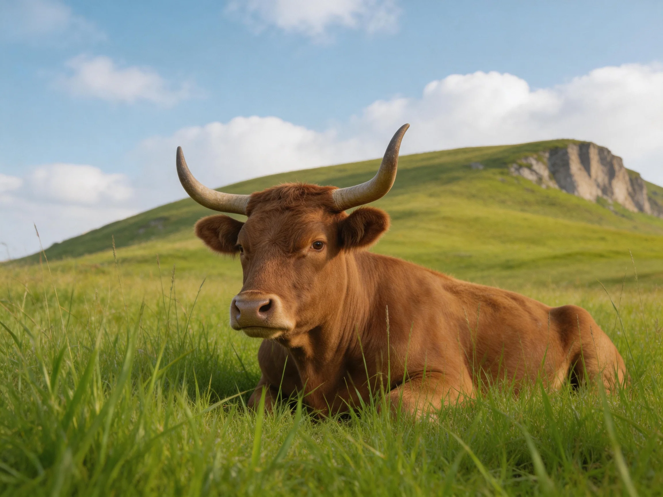 A brown horned cow rests in lush green meadow near rolling hills