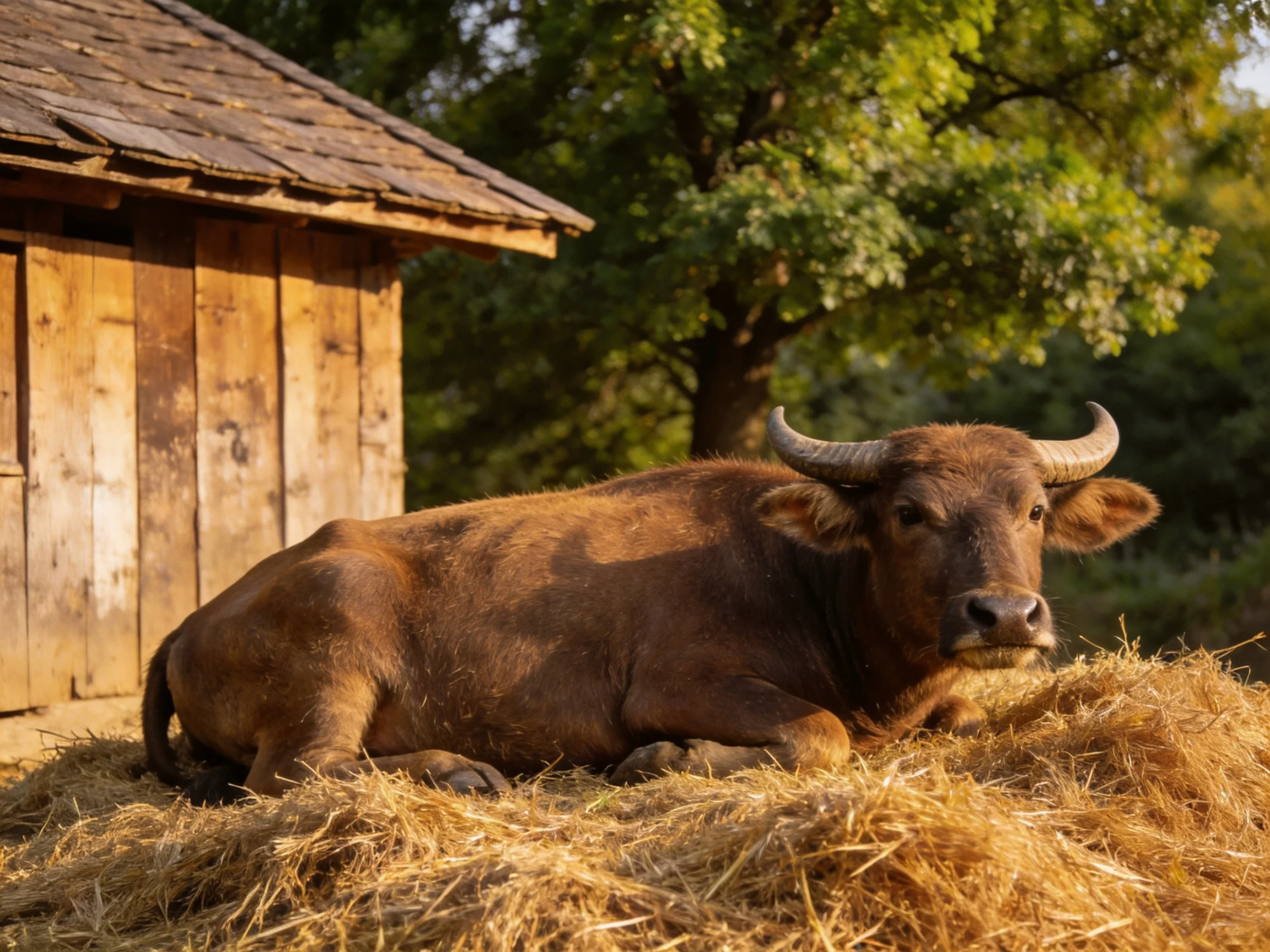 A brown horned cow rests on golden hay by an old wooden shed