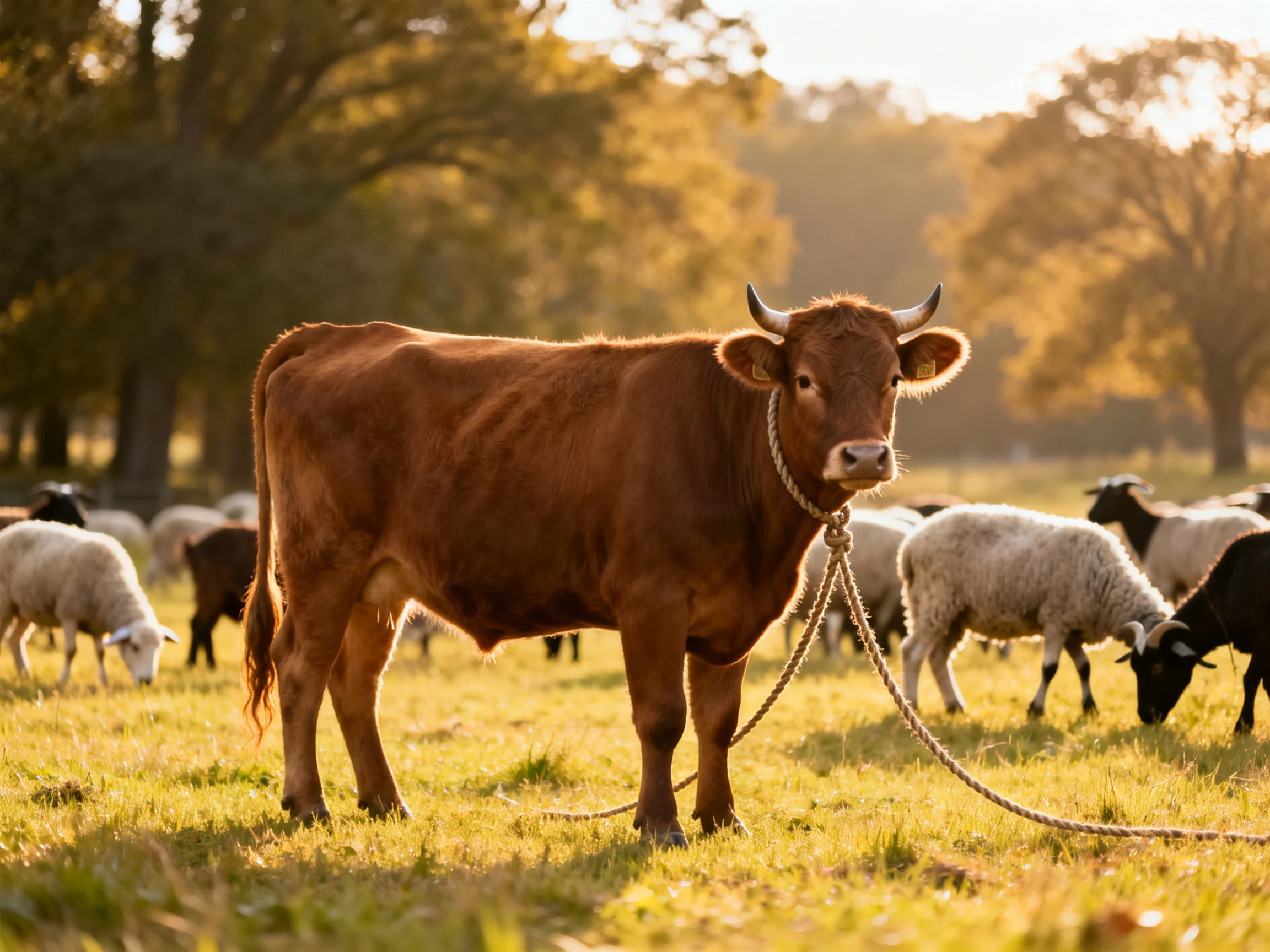 A brown horned cow stands among sheep and goats in a golden meadow