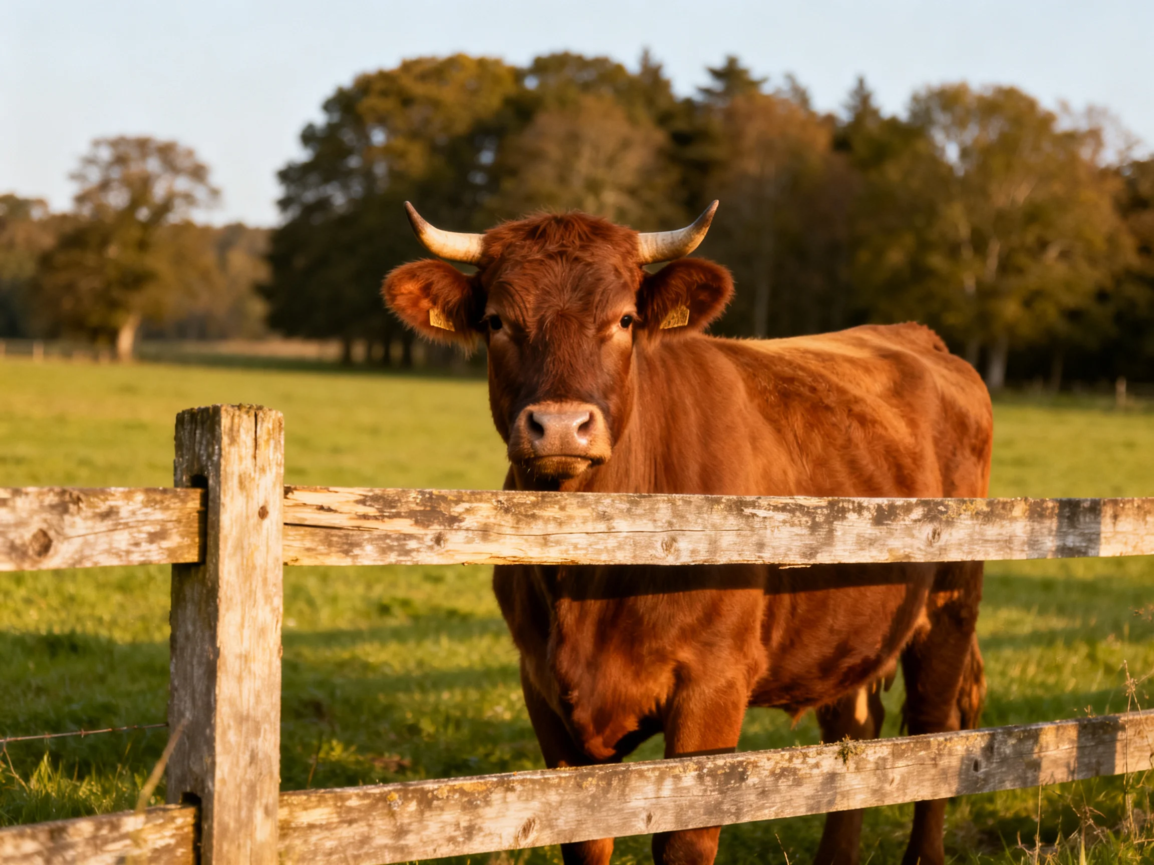A brown horned cow stands behind a weathered wooden fence in a green pasture