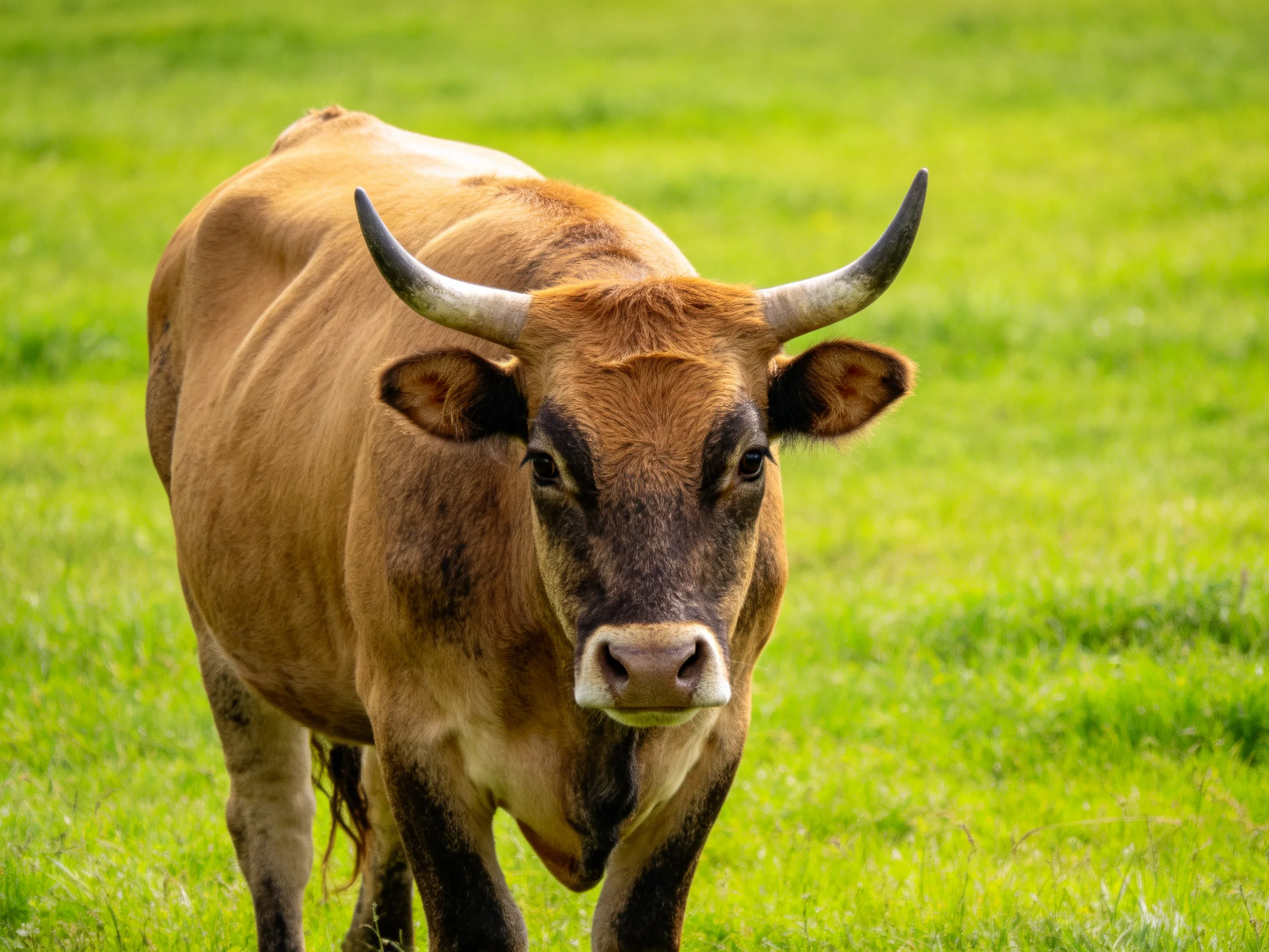 A brown horned cow stands in a lush green meadow