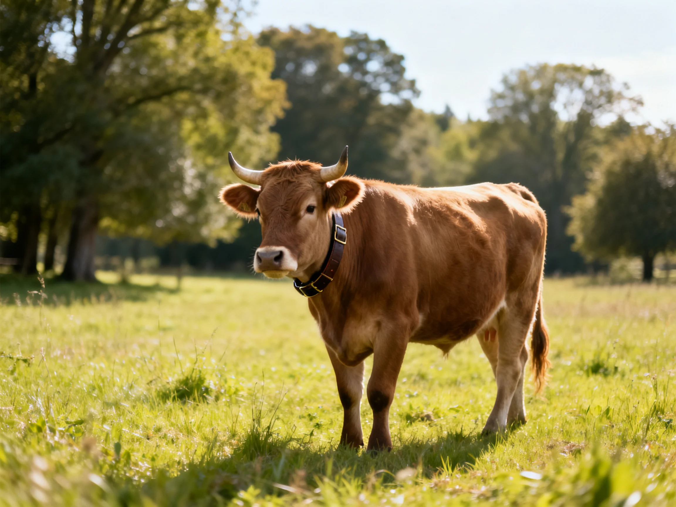 A brown horned cow stands in a sunlit green pasture near tall trees