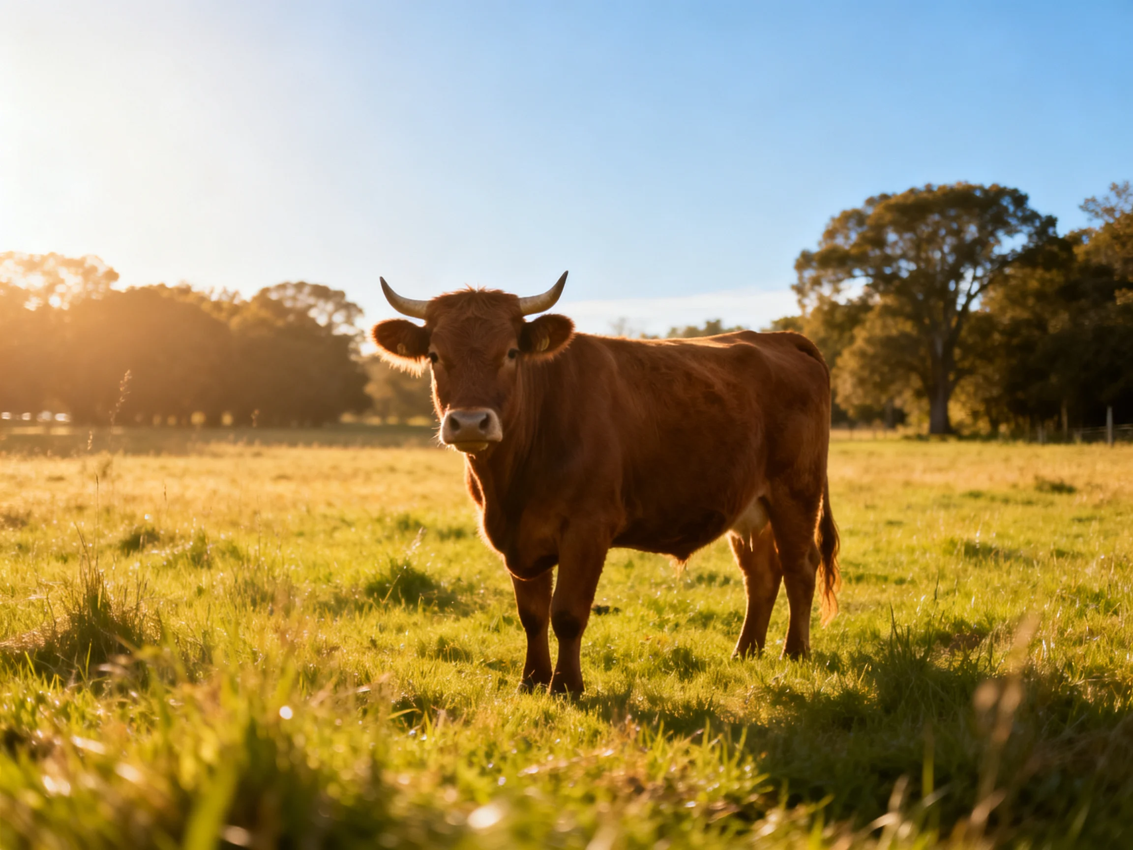 A brown horned cow stands in a sunlit green pasture near trees