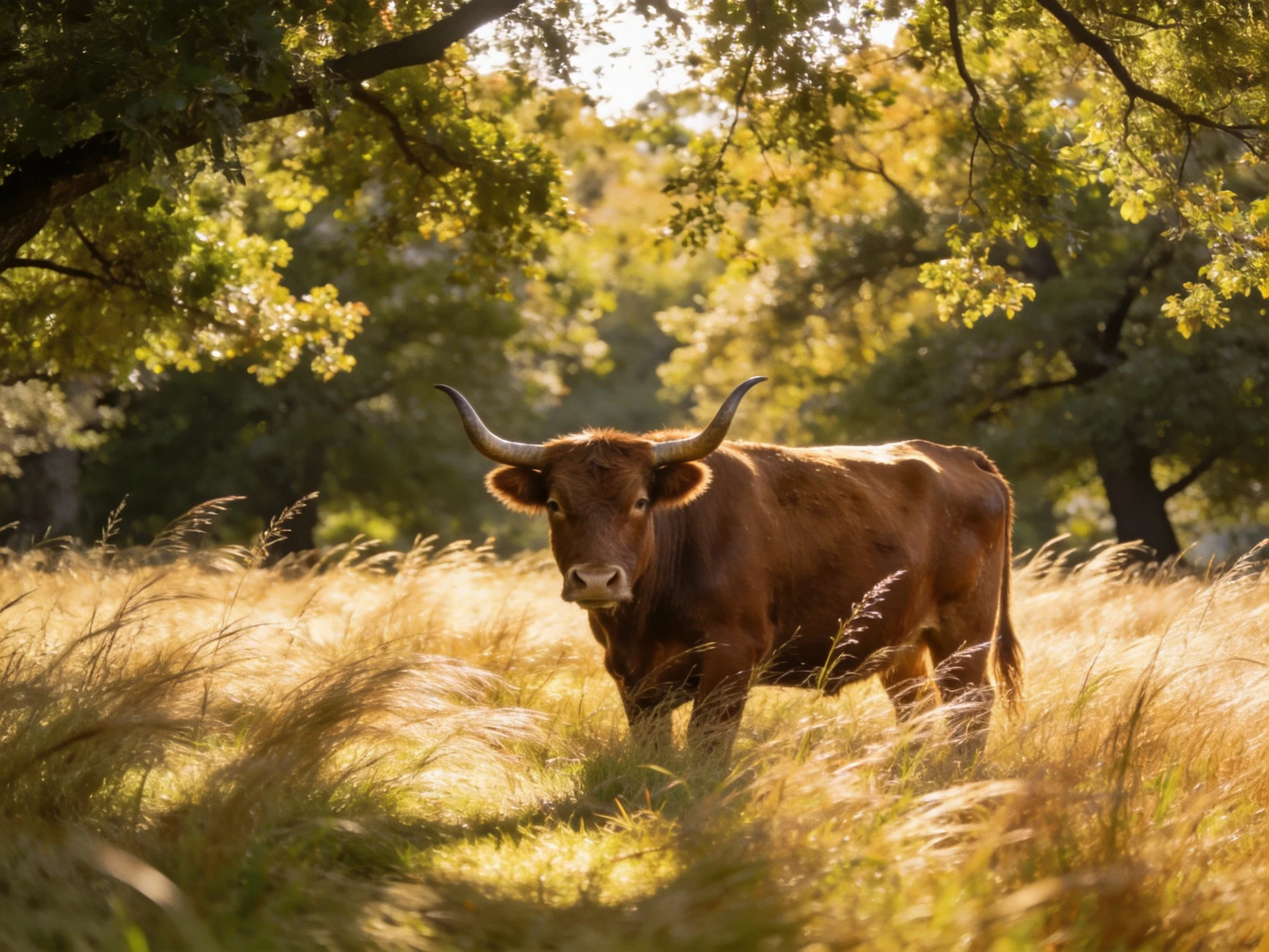 A brown horned cow stands in golden grass near leafy trees