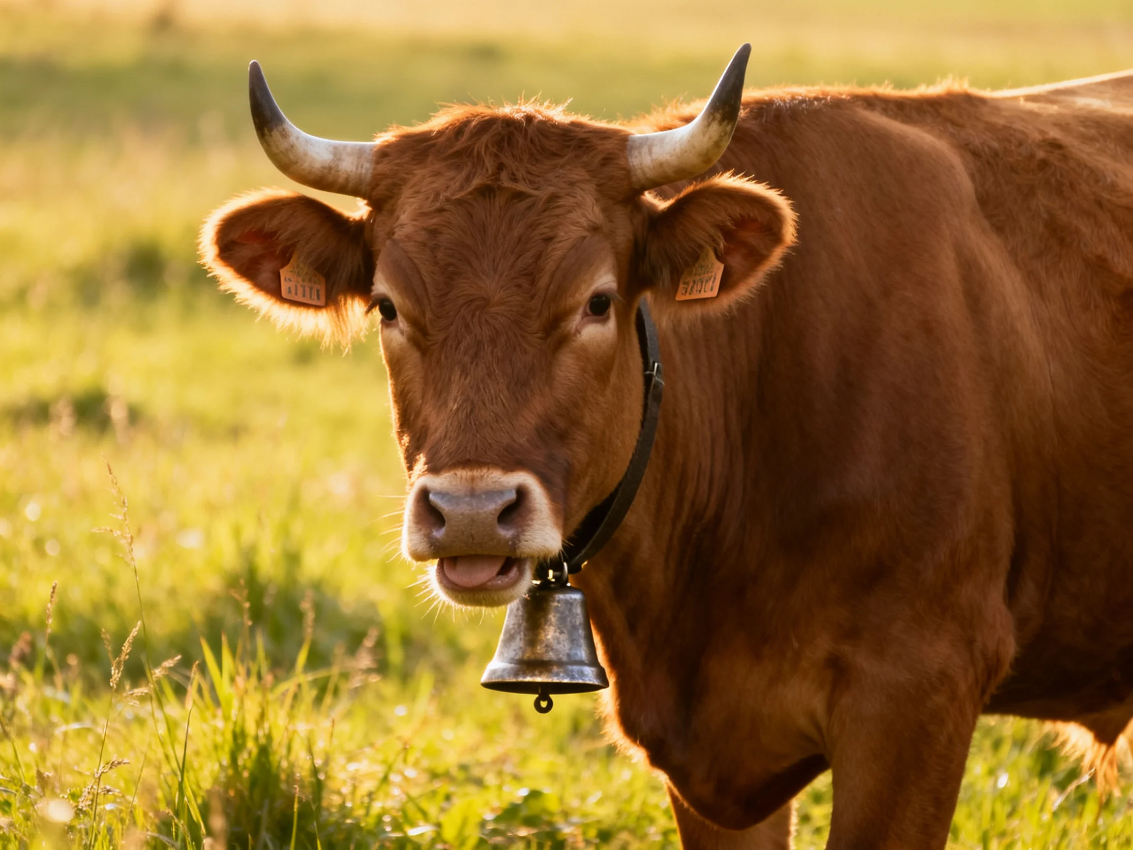 A brown horned cow with a bell in a sunlit meadow