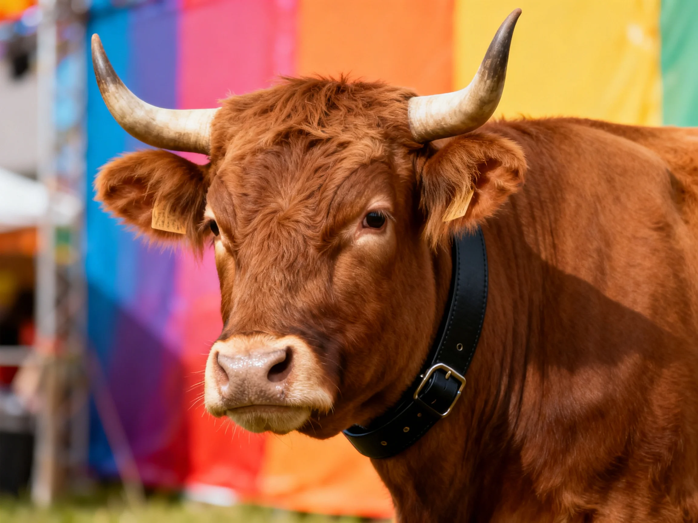 A brown horned cow with a black collar near colorful tents