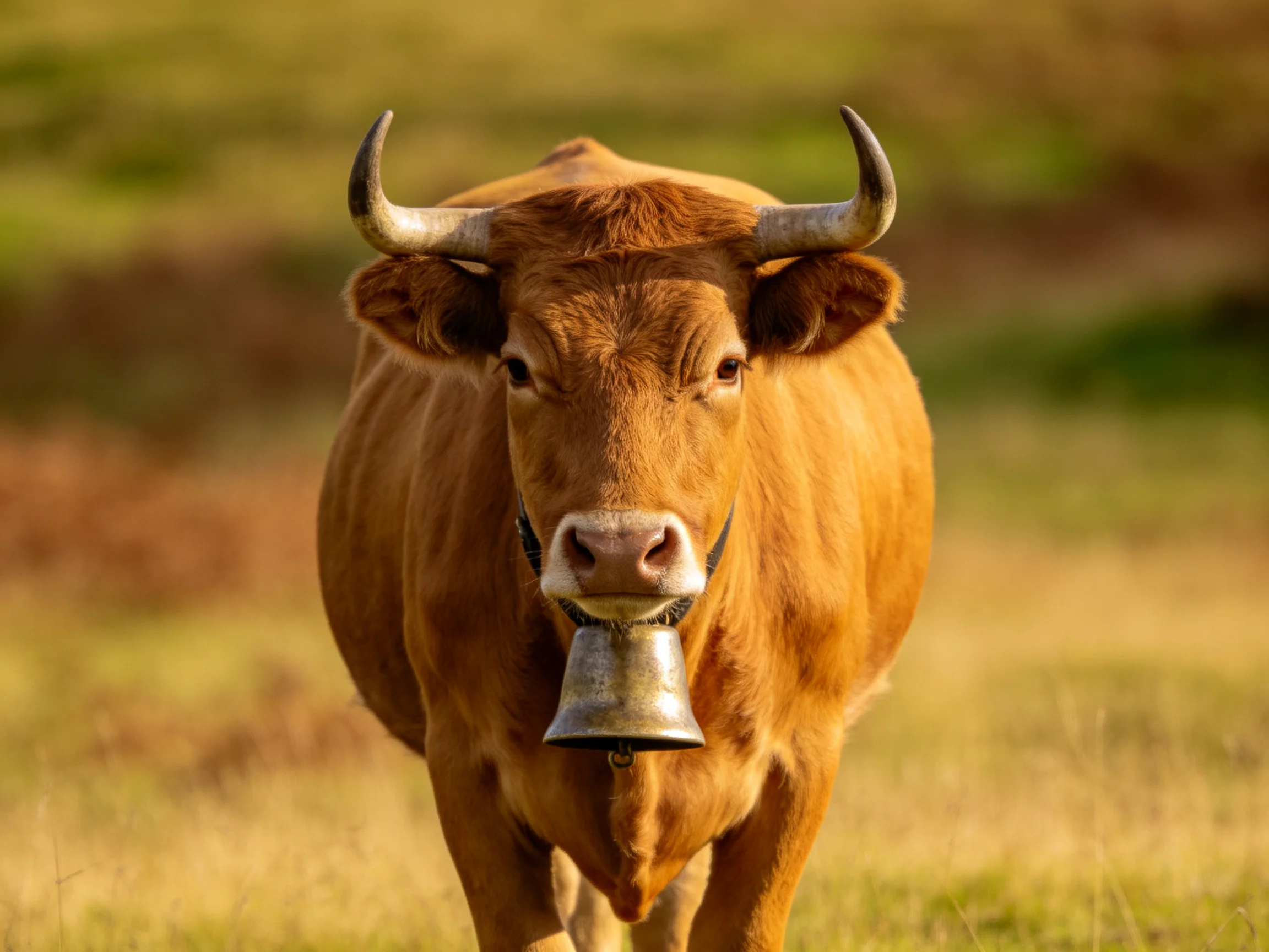 A brown horned cow with a metal bell in a sunlit meadow