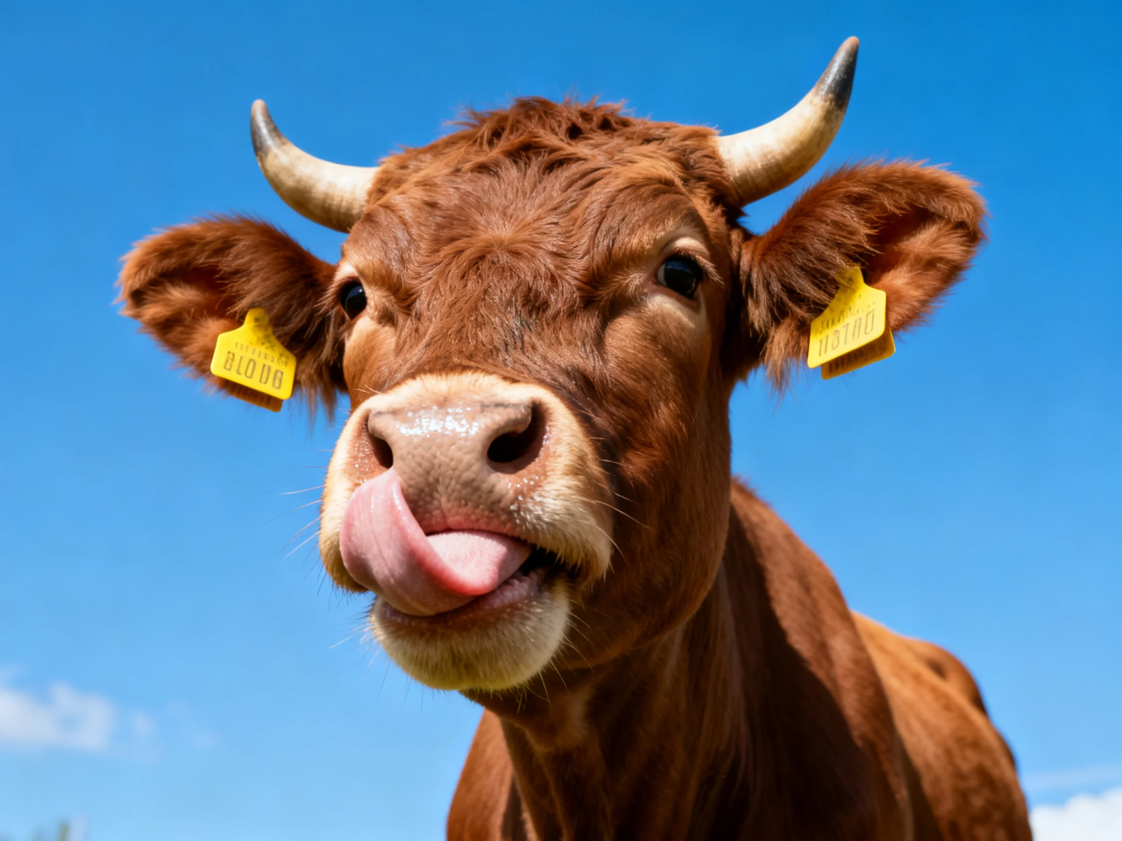 A brown horned cow with yellow ear tags under a clear blue sky