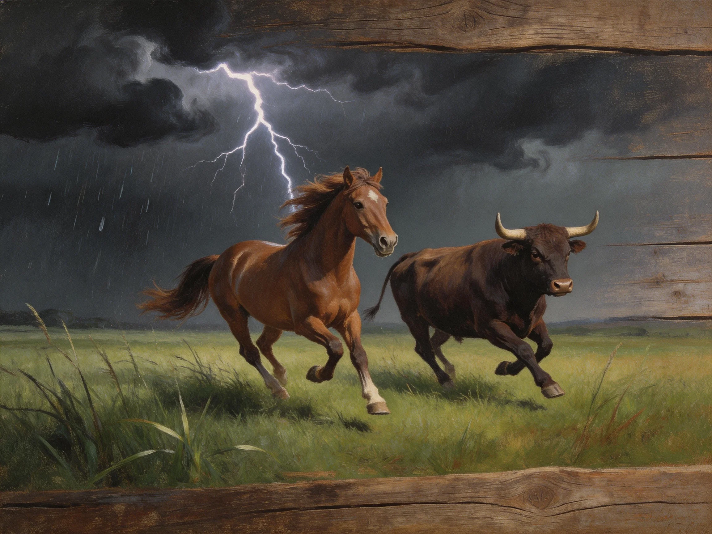A brown horse and dark-brown bull run through a stormy field with lightning