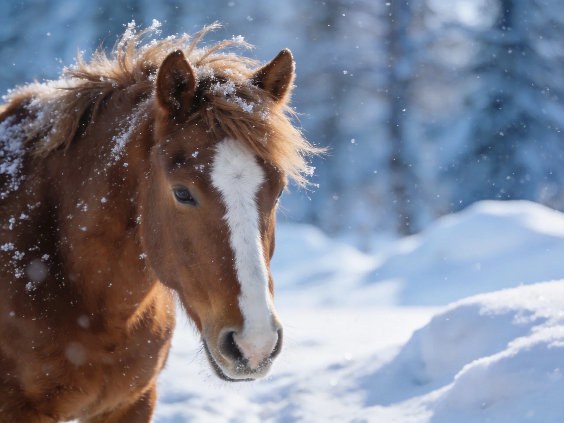 A brown horse with white blaze in a snowy winter landscape