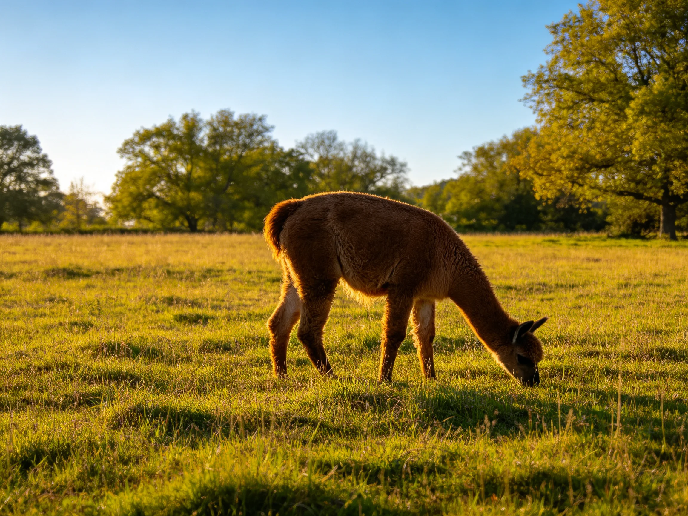 A brown llama grazes in a sunlit green meadow with distant trees