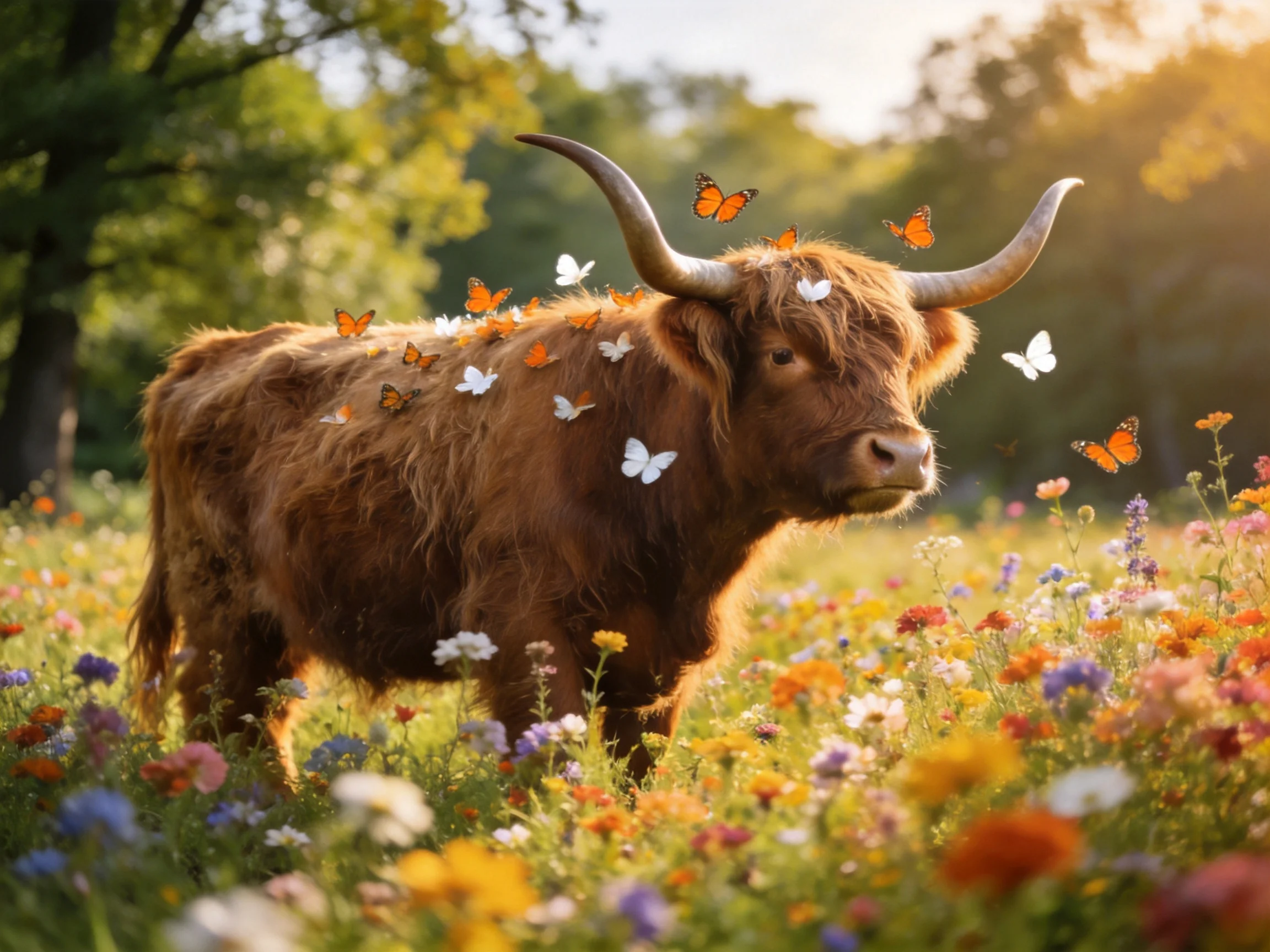 A brown long-horned cow amid colorful wildflowers with butterflies
