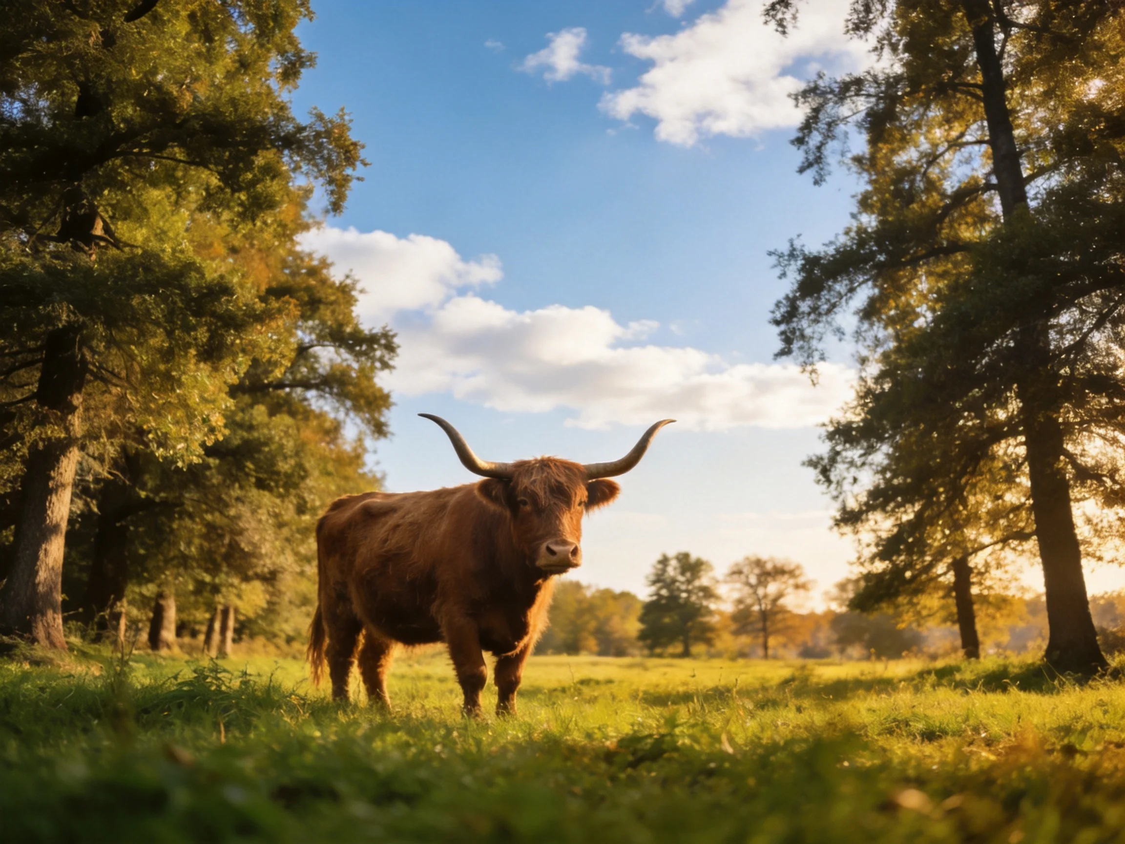A brown longhorn cow in a sunlit forest clearing