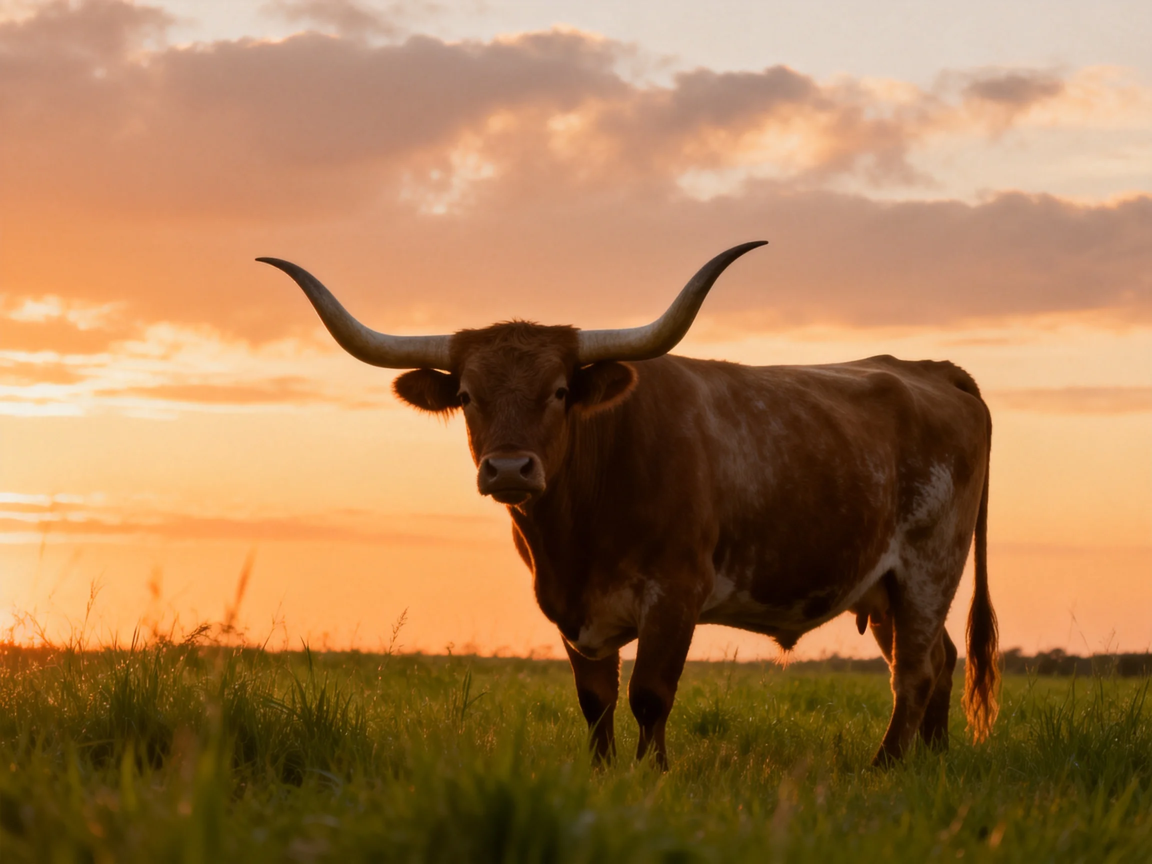 A brown longhorn cow with large curved horns in a grassy field at sunset
