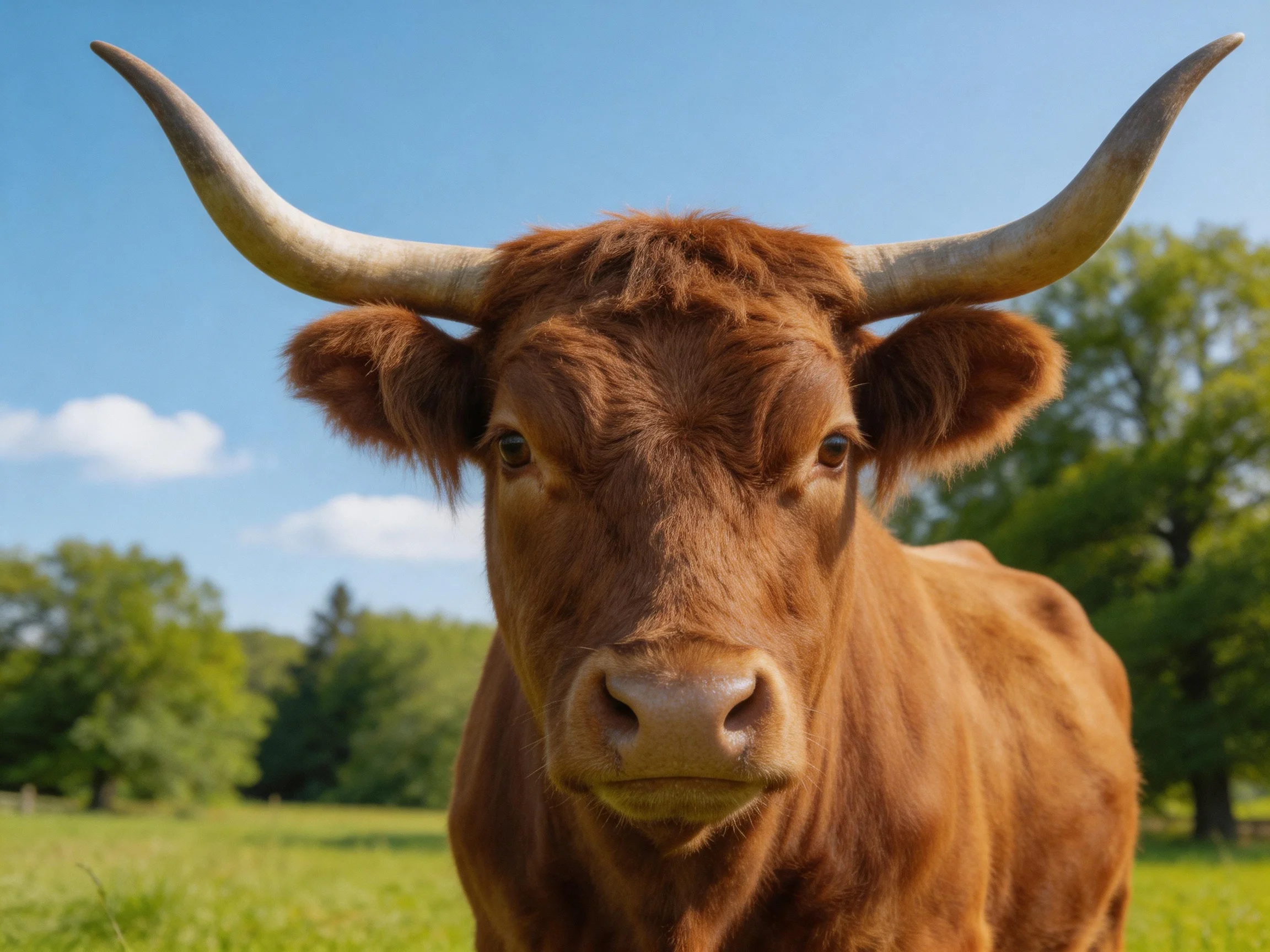 A brown longhorn cow with large curved horns in a sunny meadow