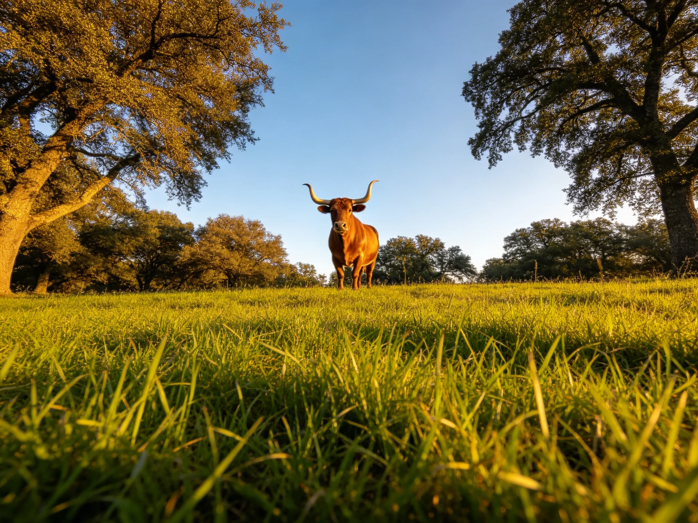 A brown longhorn stands in a sunlit grassy field with large trees
