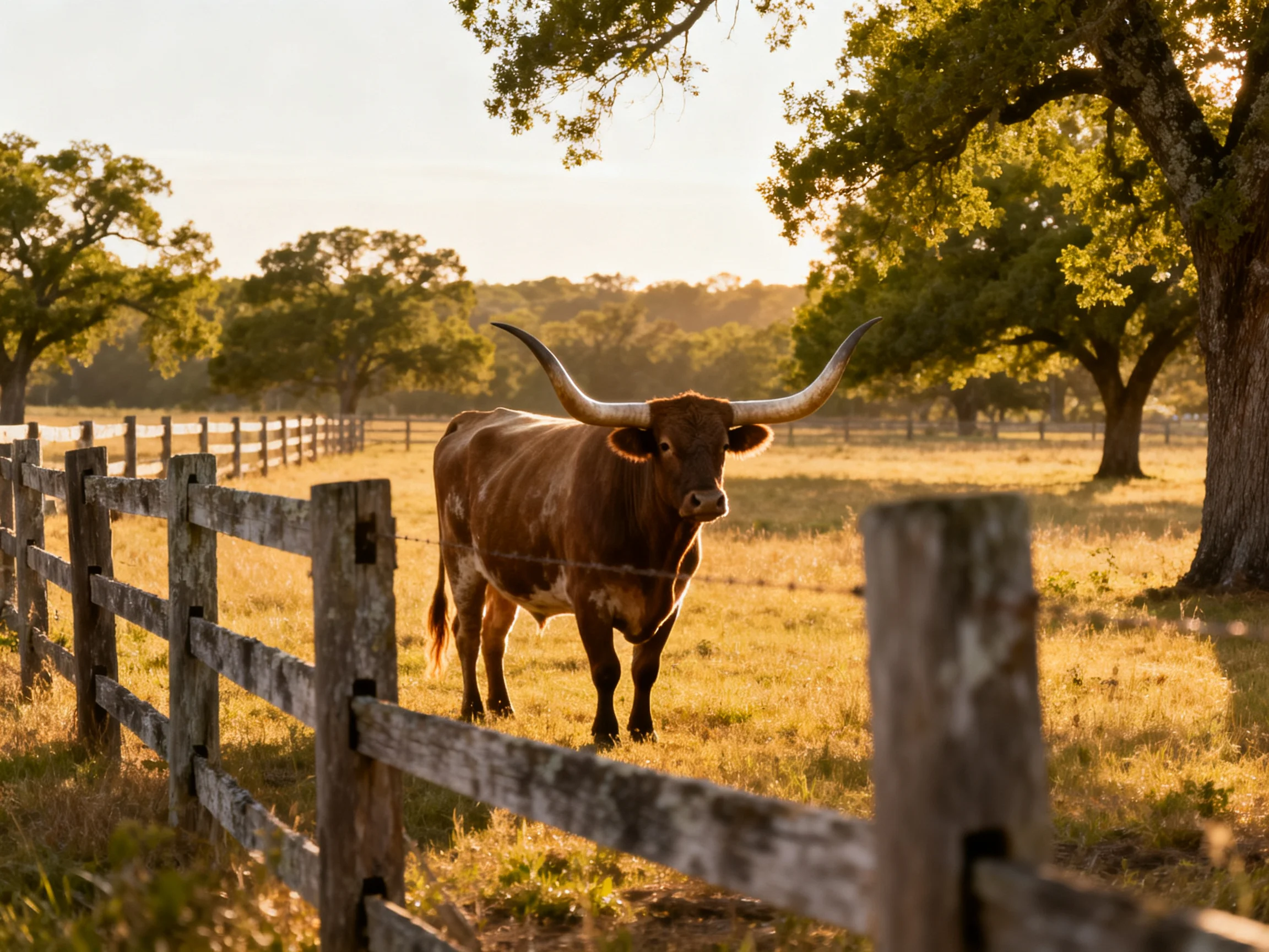 A brown longhorn with large horns near a weathered wooden fence in a golden field
