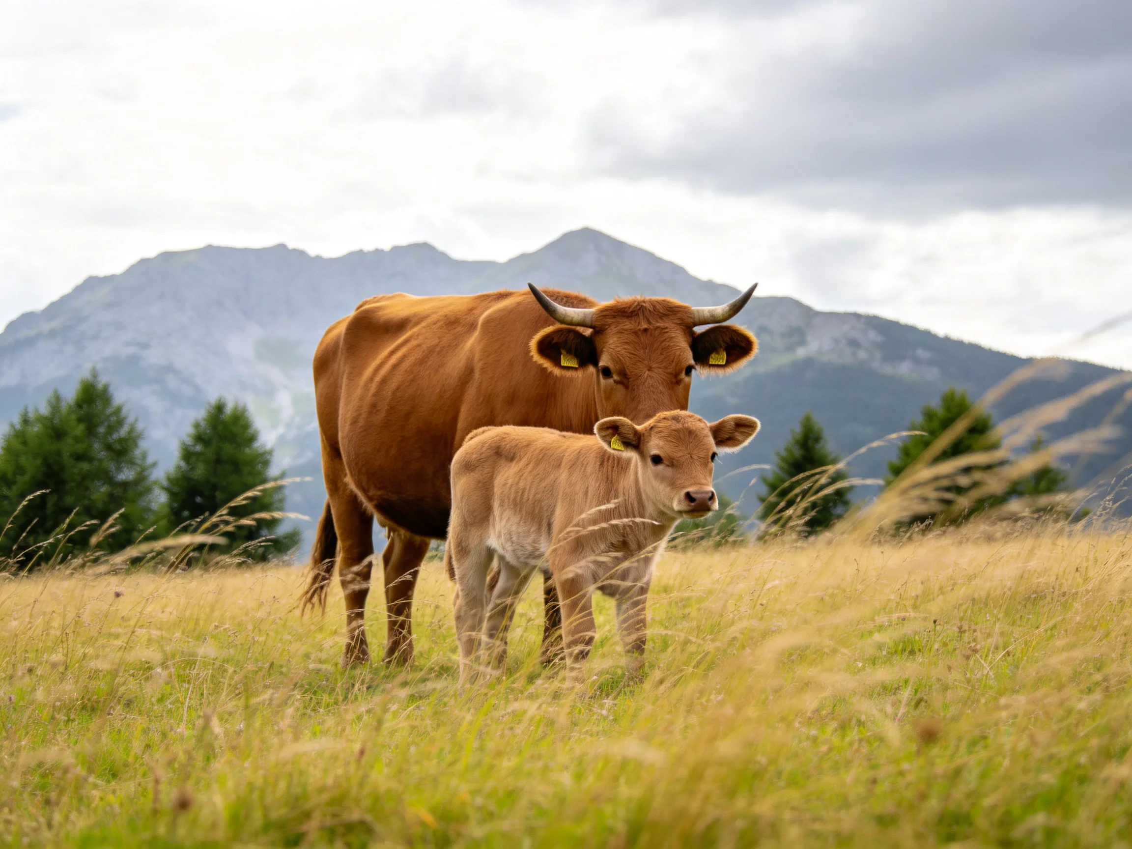 A brown mother cow and her tan calf graze in a golden meadow with misty mountains