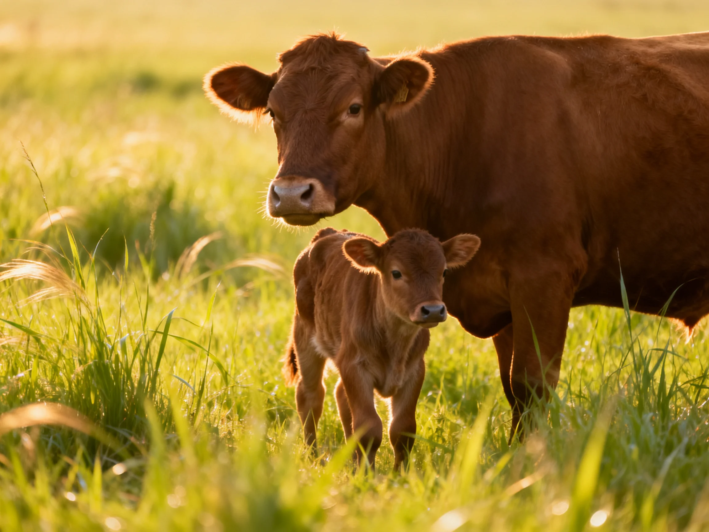 A brown mother cow and her young calf in a sunlit meadow