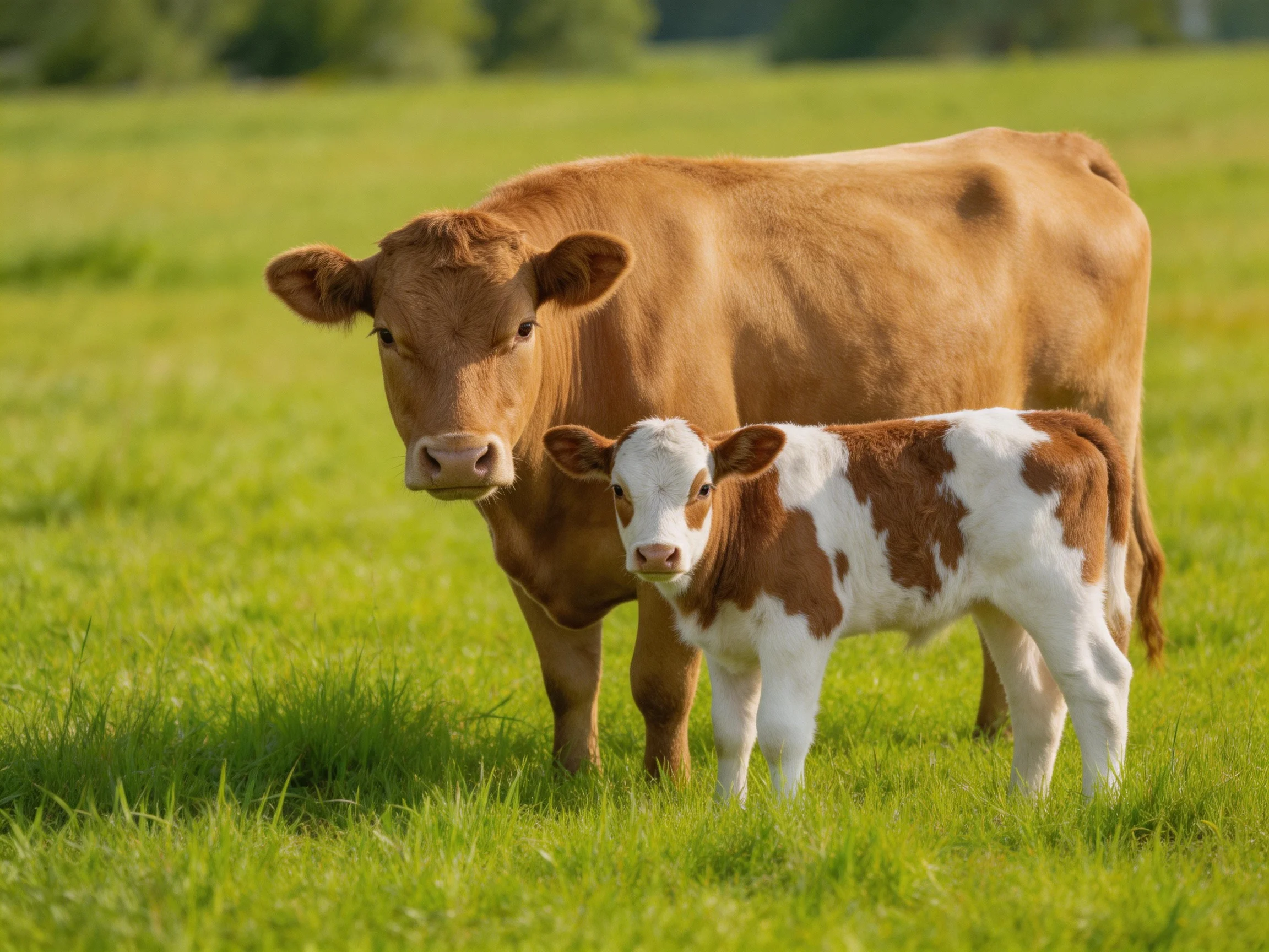 A brown mother cow and spotted calf in a green pasture